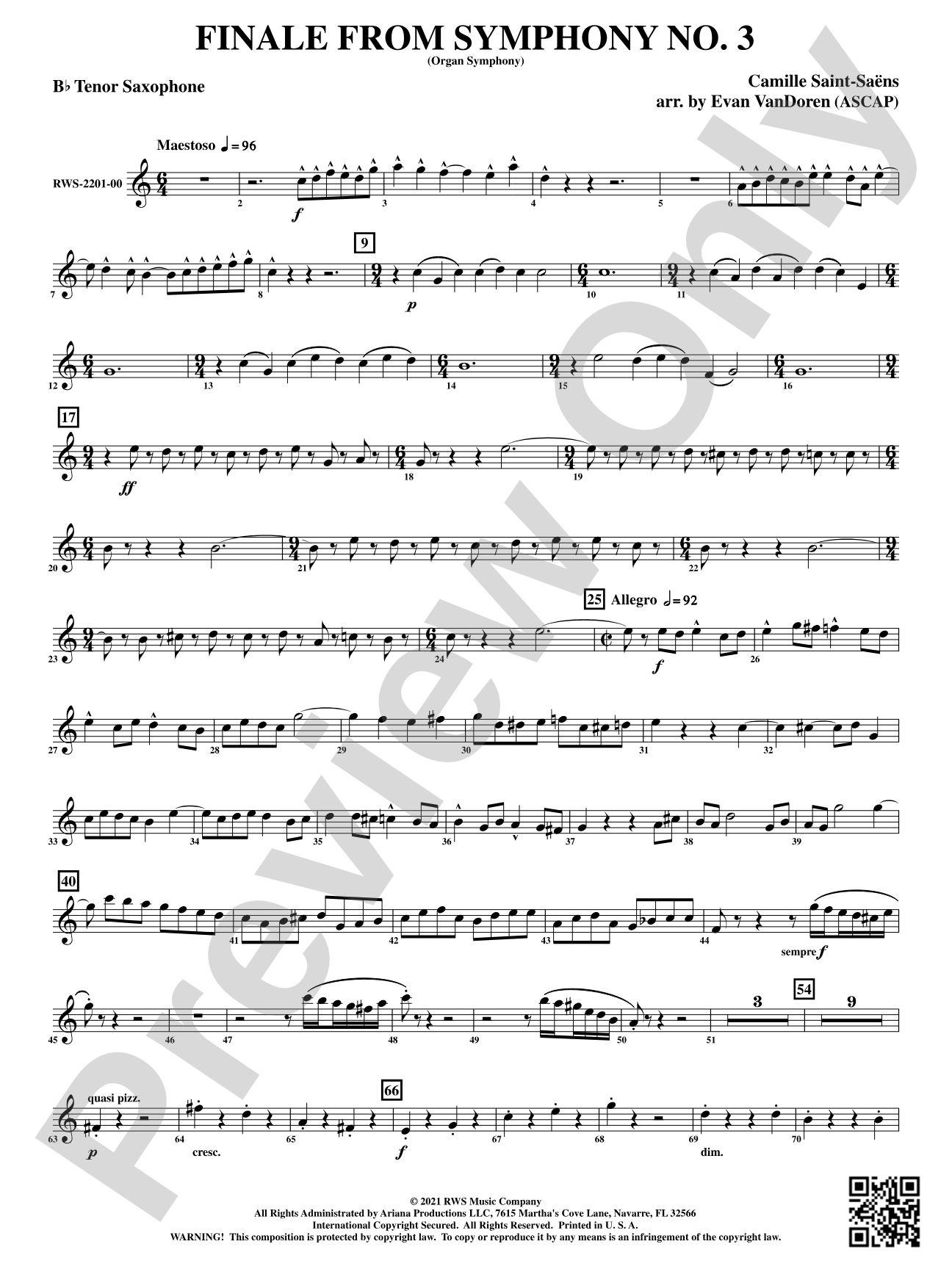 Finale from <i>Symphony No. 3</i> - Organ Symphony: B-flat Tenor Saxophone
