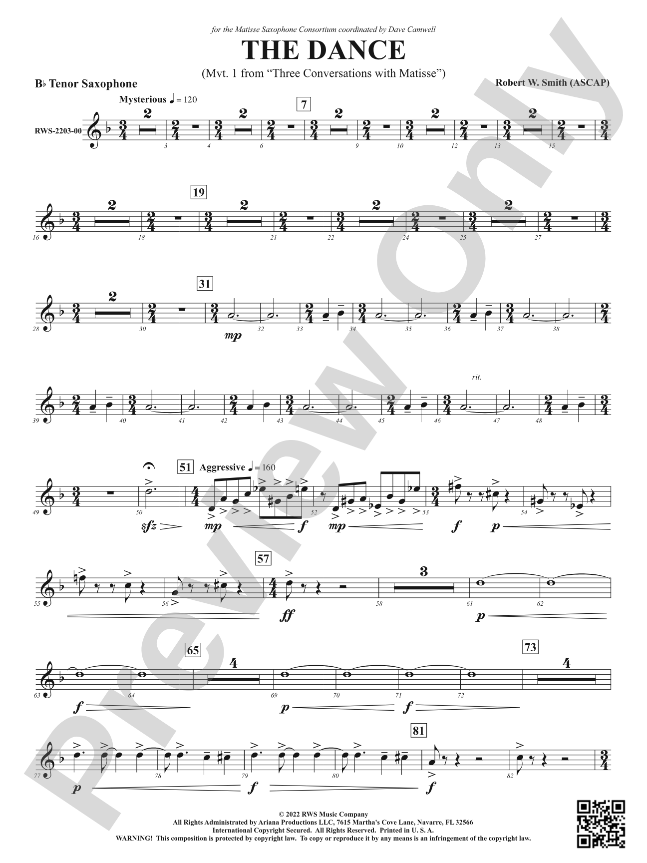 The Dance - Mvt. 1 from <i>Three Conversations with Matisse</i>: B-flat Tenor Saxophone