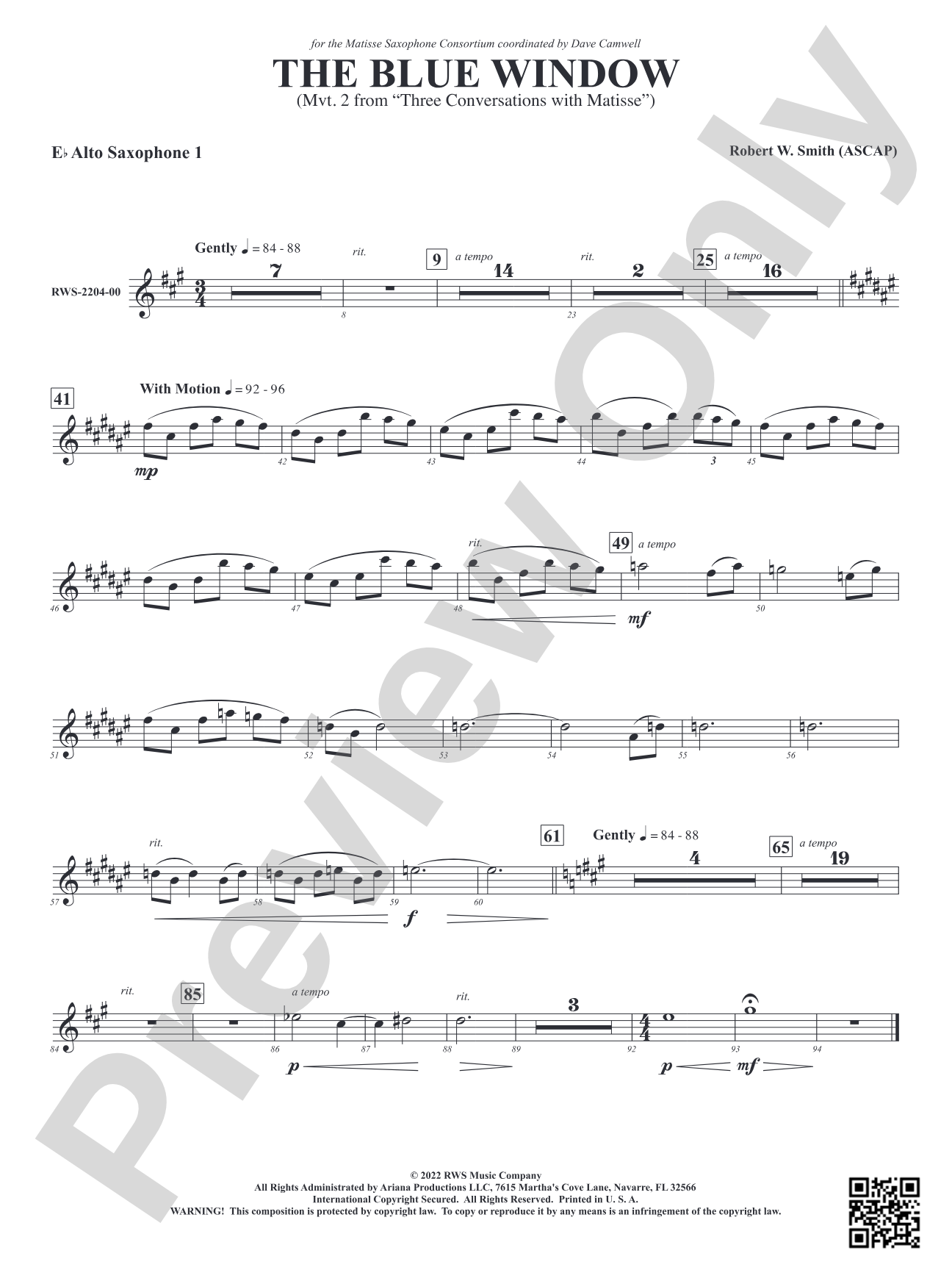 The Blue Window - Mvt. 2 from <i>Three Conversations with Matisse</i>: 1st E-flat Alto Saxophone
