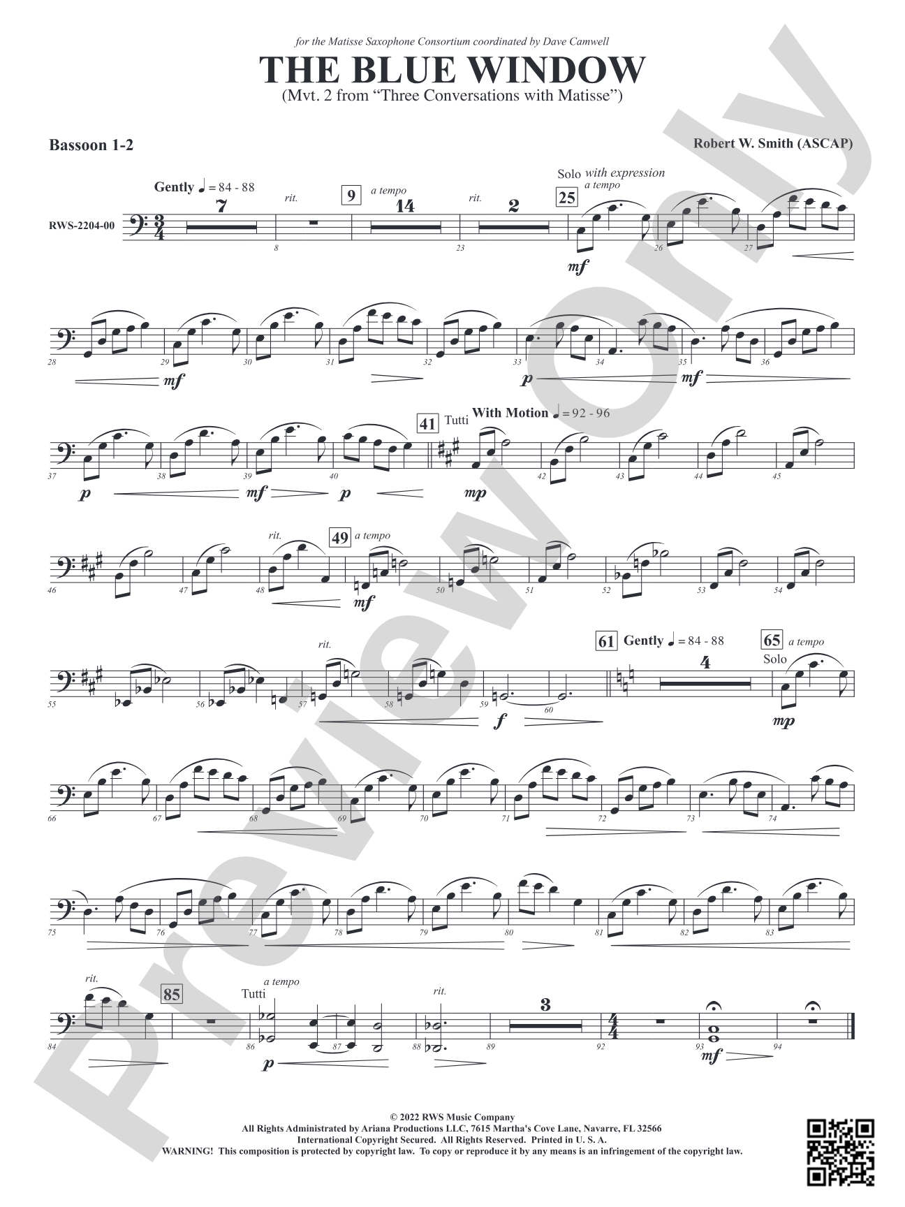 The Blue Window - Mvt. 2 from <i>Three Conversations with Matisse</i>: 1st & 2nd Bassoon