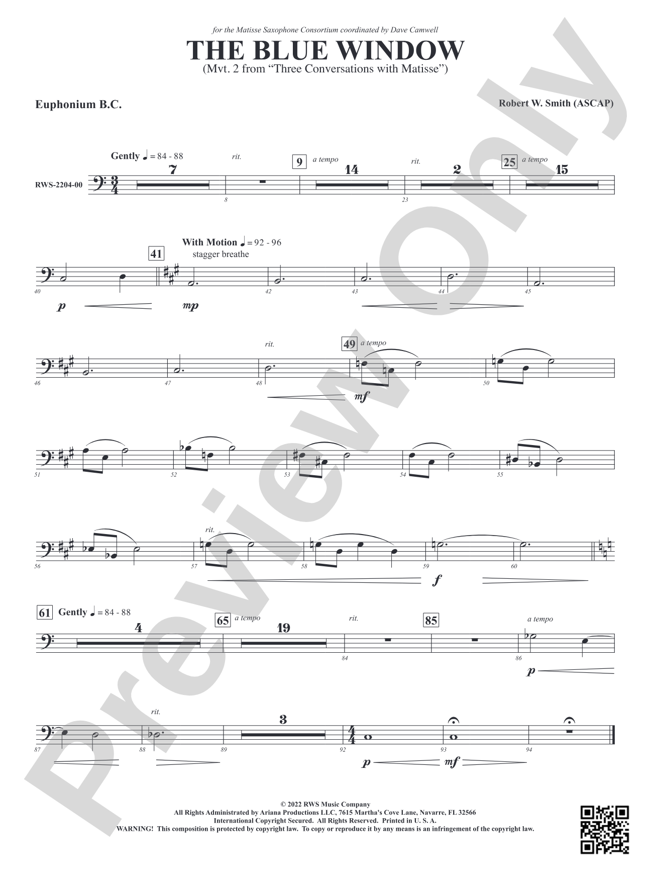 The Blue Window - Mvt. 2 from <i>Three Conversations with Matisse</i>: Baritone B.C.