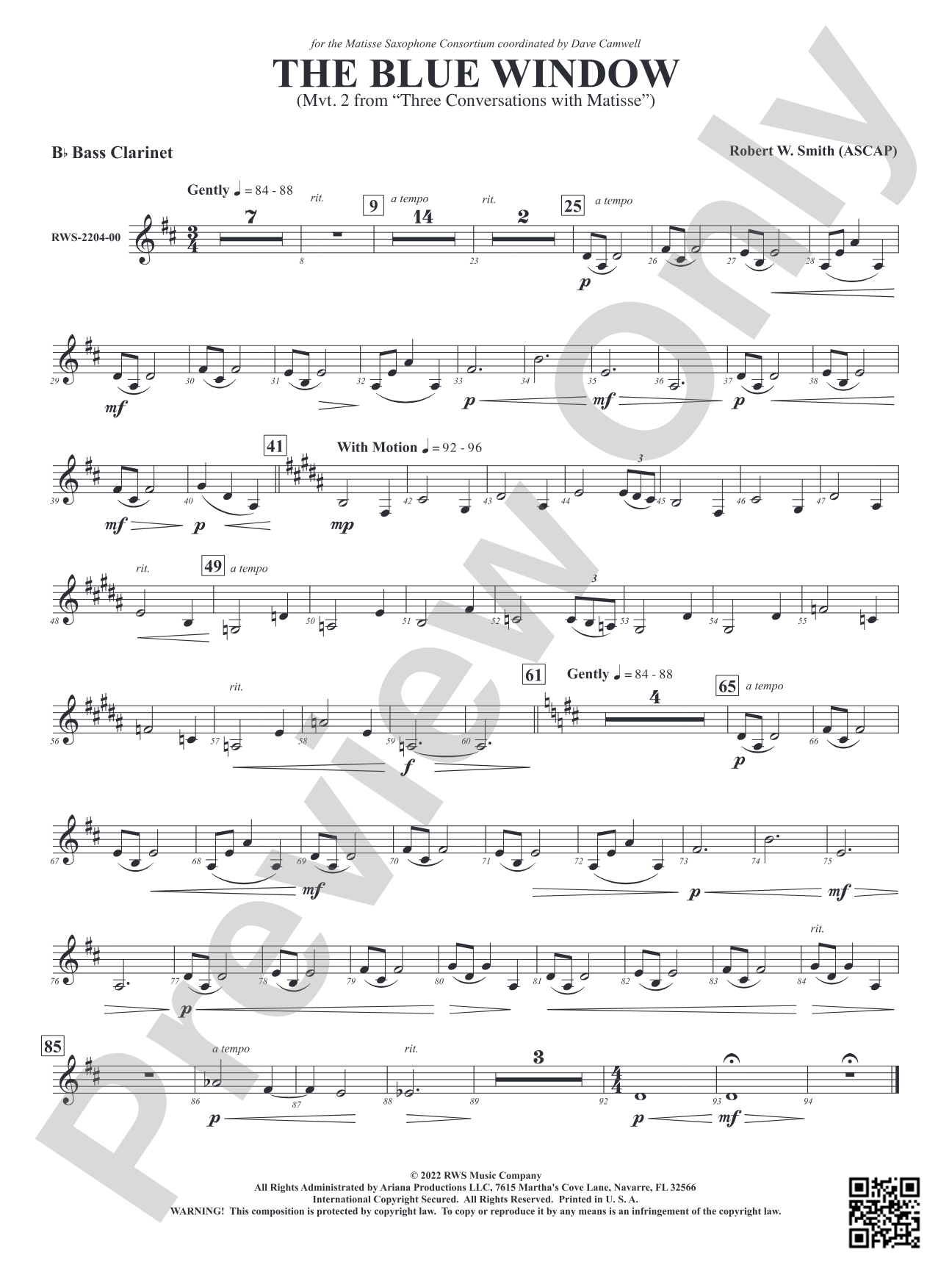 The Blue Window - Mvt. 2 from <i>Three Conversations with Matisse</i>: B-flat Bass Clarinet
