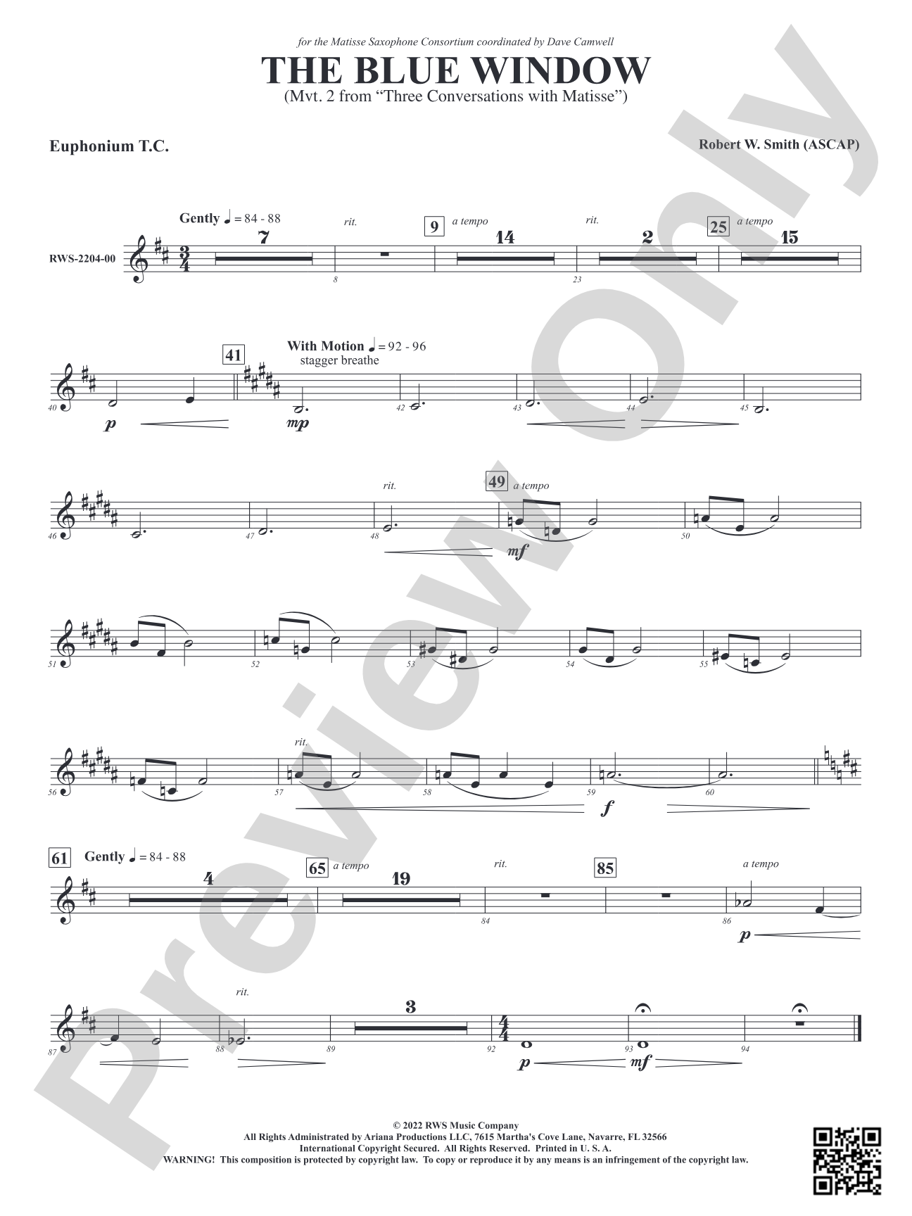 The Blue Window - Mvt. 2 from <i>Three Conversations with Matisse</i>: Baritone T.C.