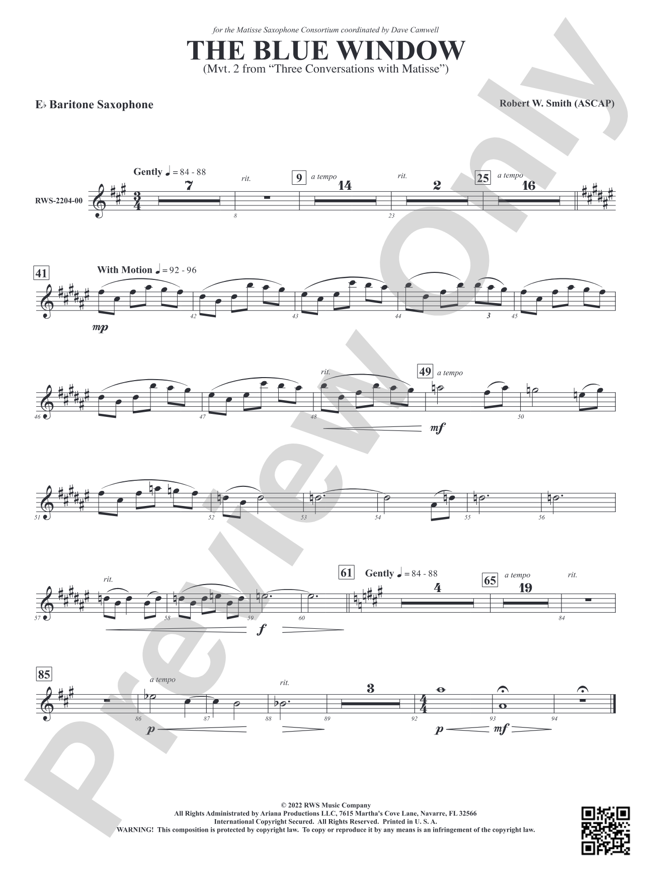 The Blue Window - Mvt. 2 from <i>Three Conversations with Matisse</i>: E-flat Baritone Saxophone