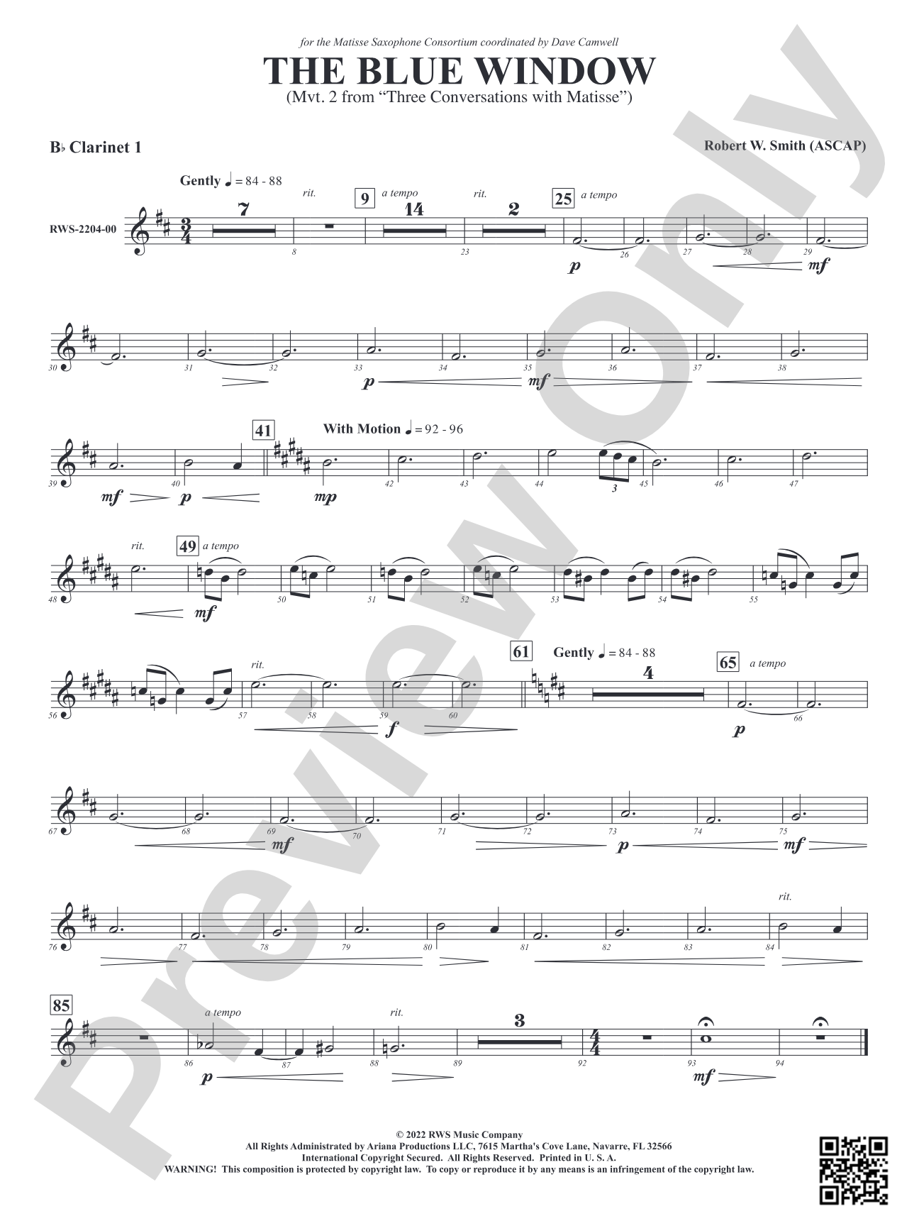 The Blue Window - Mvt. 2 from <i>Three Conversations with Matisse</i>: 1st B-flat Clarinet