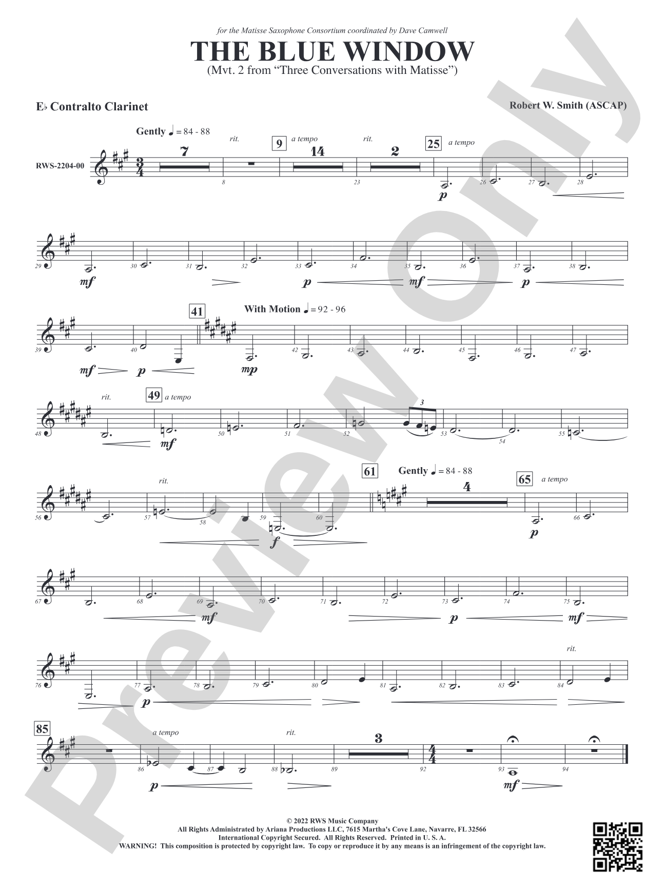 The Blue Window - Mvt. 2 from <i>Three Conversations with Matisse</i>: E-flat Contra-Alto Clarinet