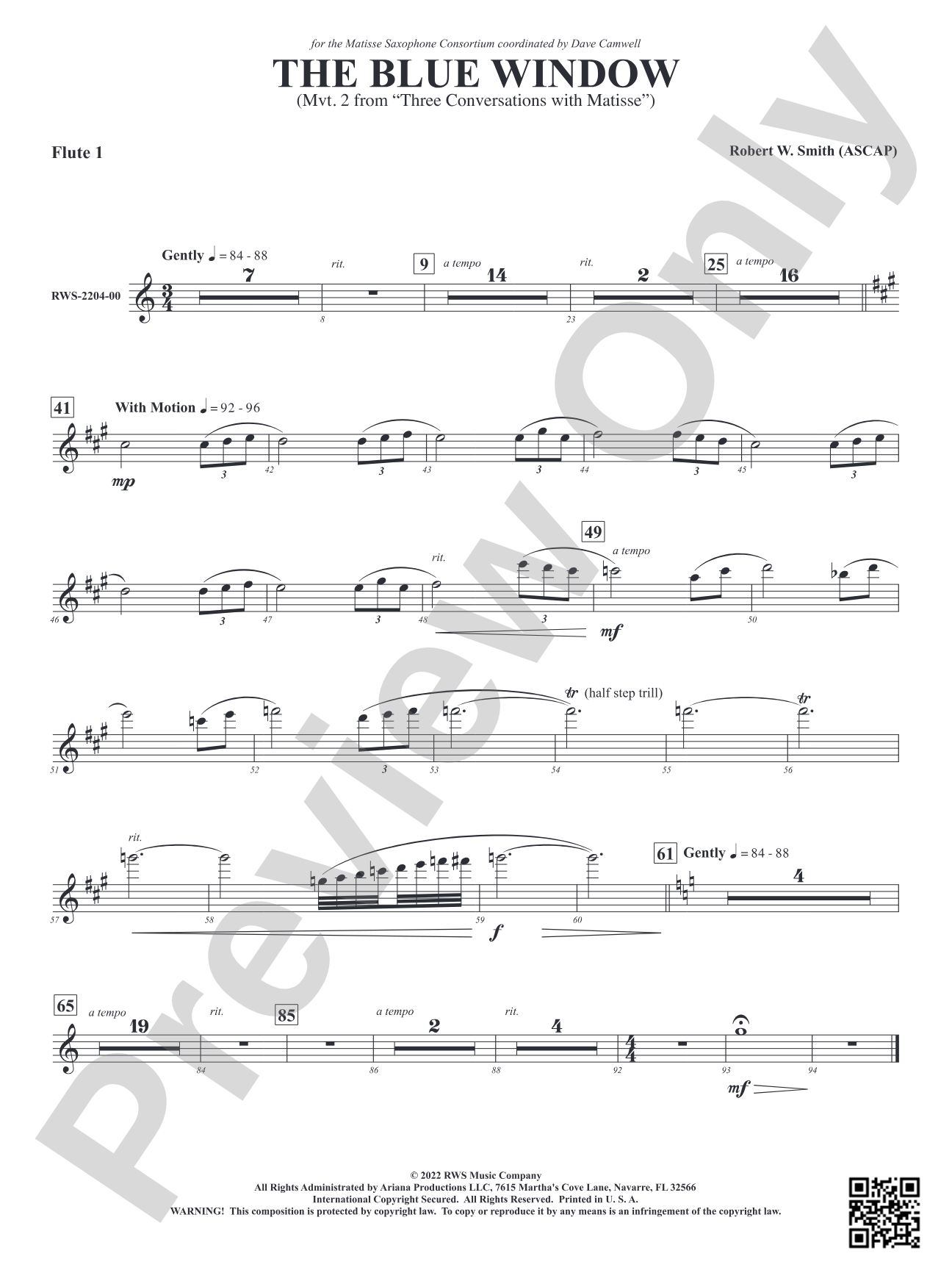 The Blue Window - Mvt. 2 from <i>Three Conversations with Matisse</i>: 1st Flute