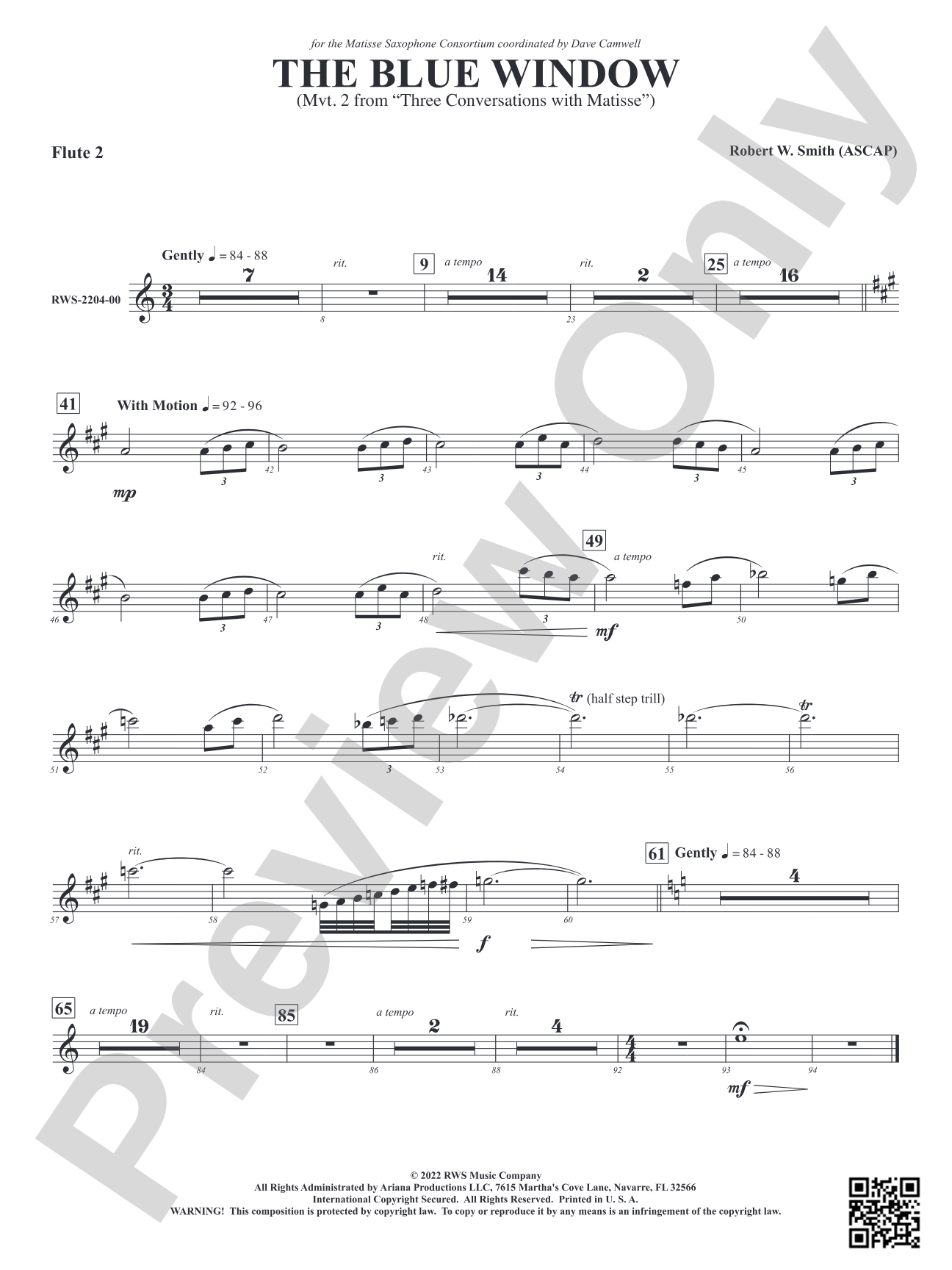 The Blue Window - Mvt. 2 from <i>Three Conversations with Matisse</i>: 2nd Flute