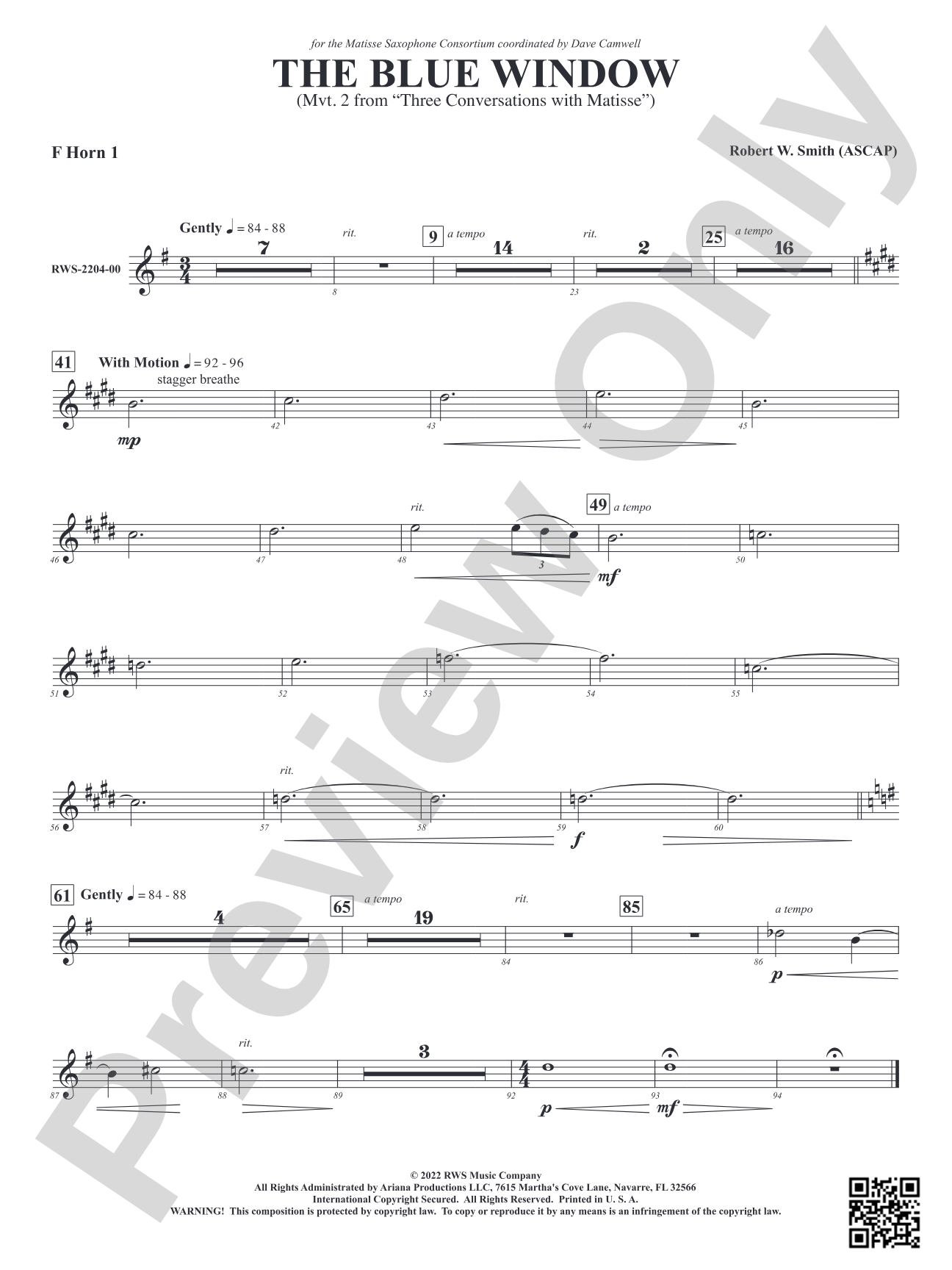 The Blue Window - Mvt. 2 from <i>Three Conversations with Matisse</i>: 1st F Horn