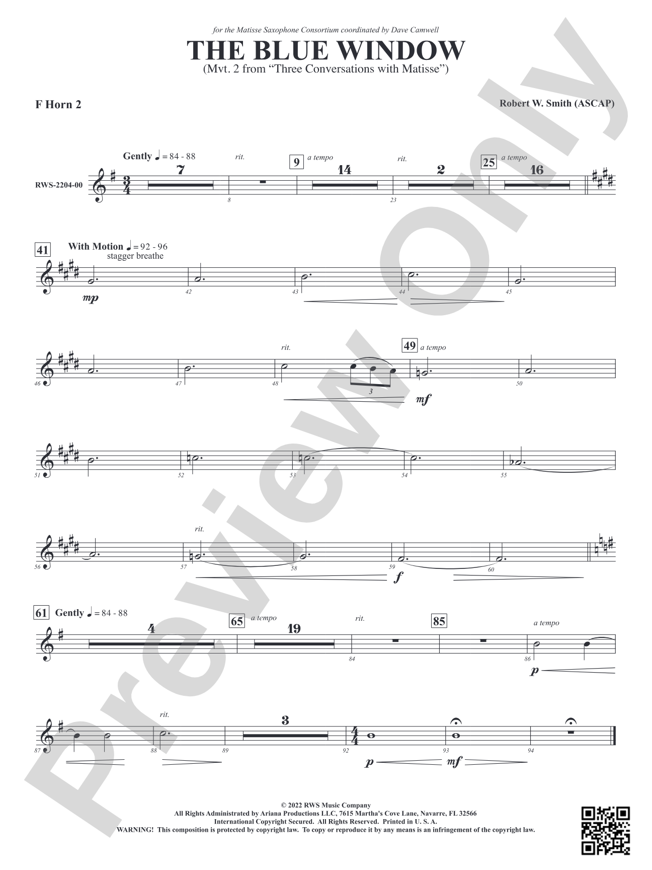 The Blue Window - Mvt. 2 from <i>Three Conversations with Matisse</i>: 2nd F Horn