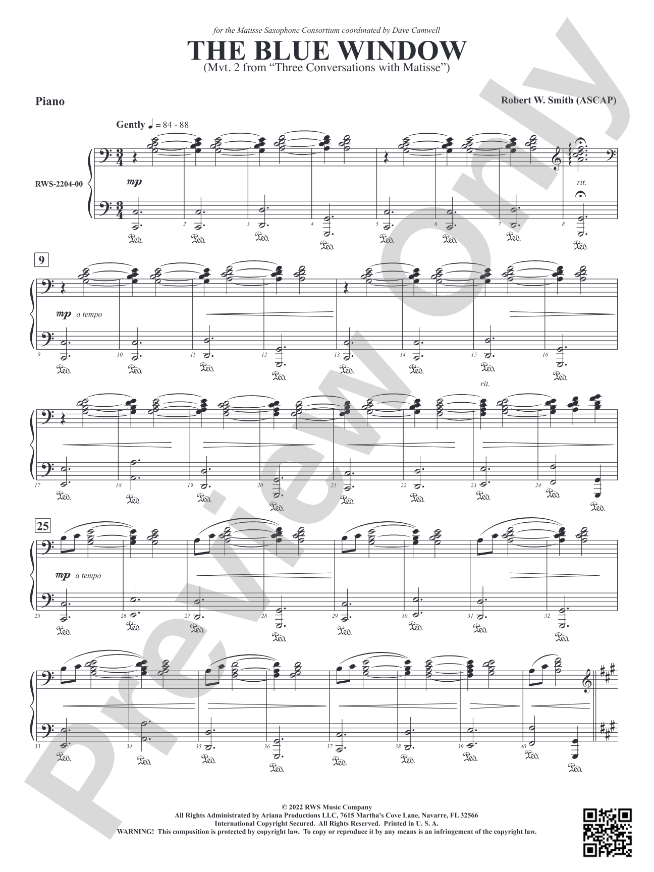 The Blue Window - Mvt. 2 from <i>Three Conversations with Matisse</i>: Piano Accompaniment