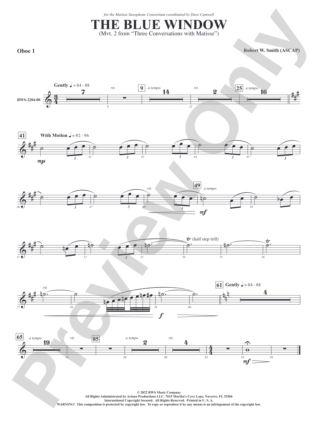 The Blue Window - Mvt. 2 from <i>Three Conversations with Matisse</i>: Oboe