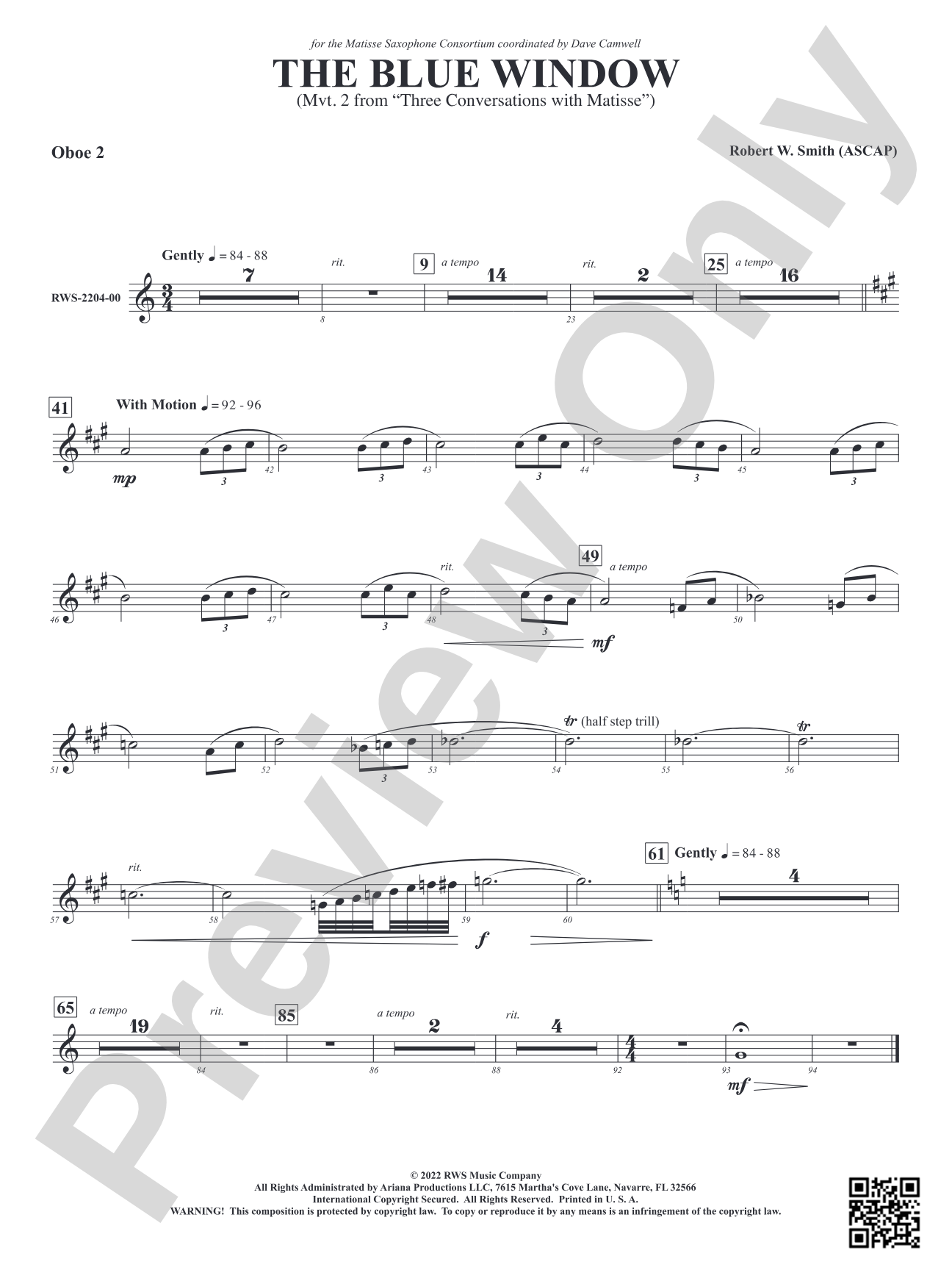 The Blue Window - Mvt. 2 from <i>Three Conversations with Matisse</i>: 2nd Oboe