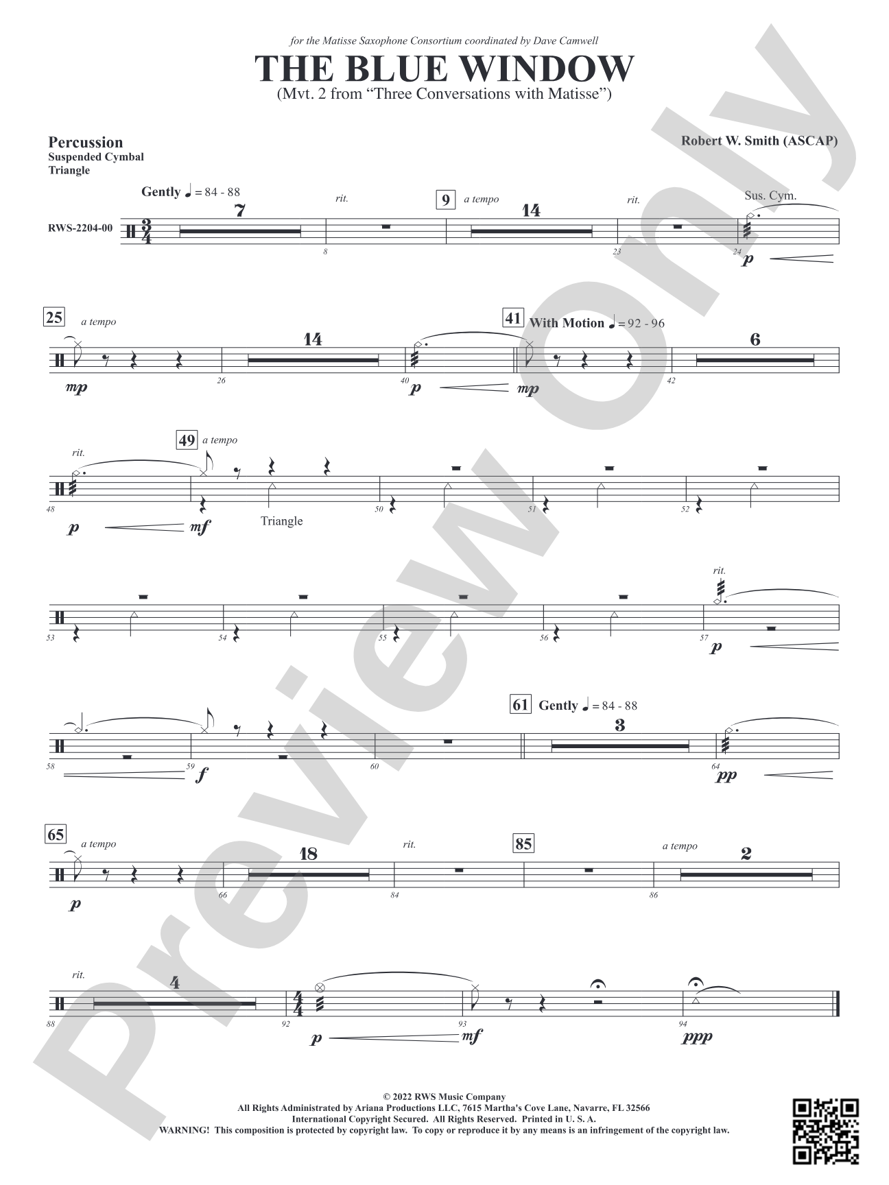 The Blue Window - Mvt. 2 from <i>Three Conversations with Matisse</i>: 1st Percussion
