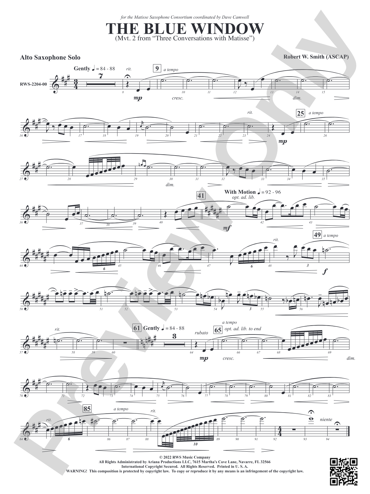 The Blue Window - Mvt. 2 from <i>Three Conversations with Matisse</i>: E-flat Alto Saxophone Solo