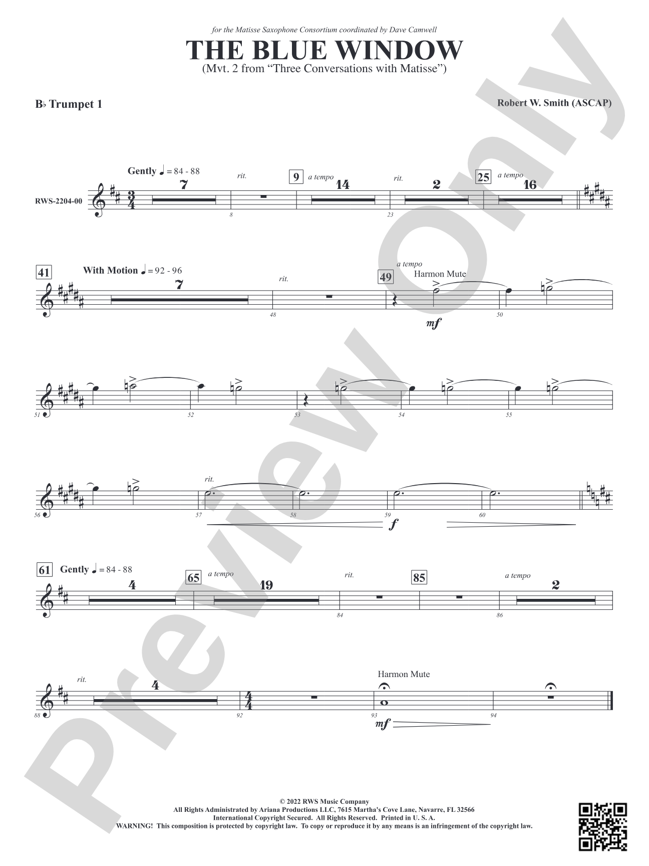 The Blue Window - Mvt. 2 from <i>Three Conversations with Matisse</i>: 1st B-flat Trumpet