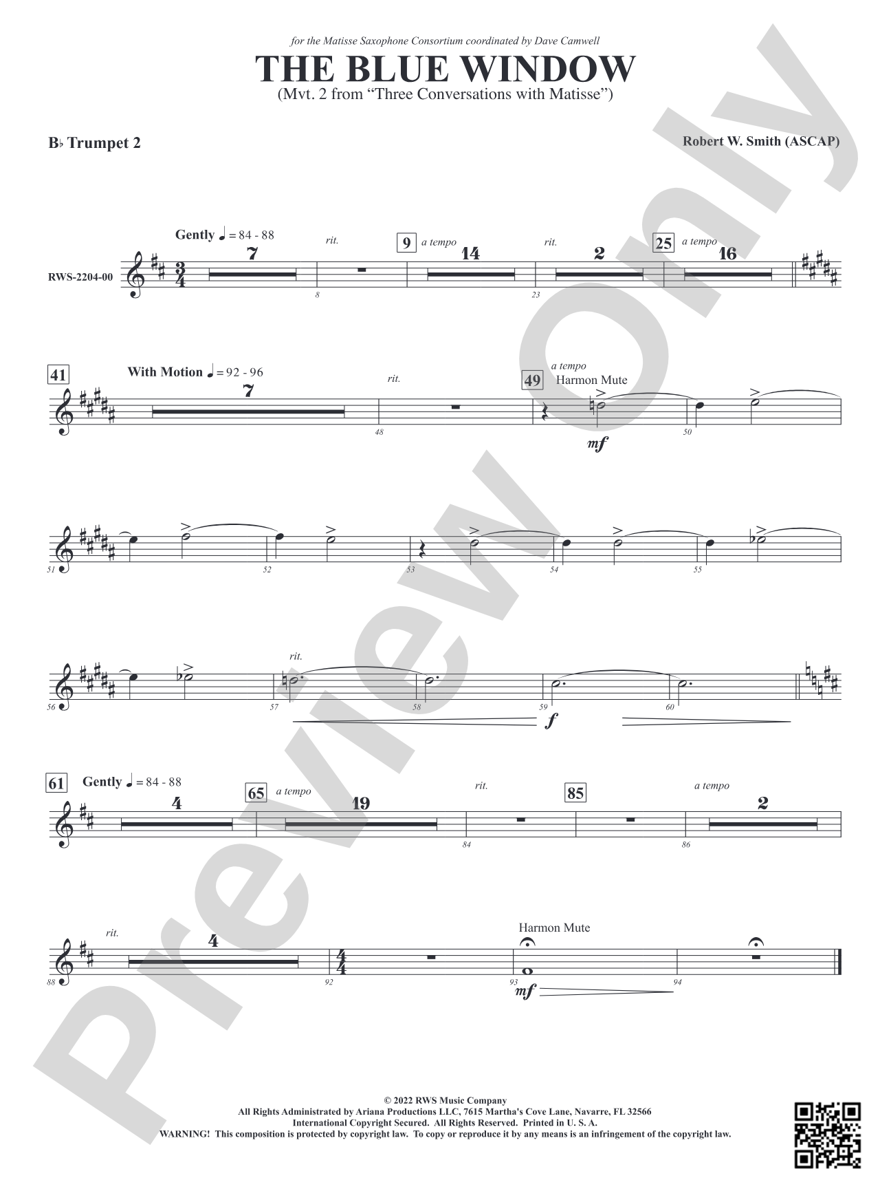 The Blue Window - Mvt. 2 from <i>Three Conversations with Matisse</i>: 2nd B-flat Trumpet
