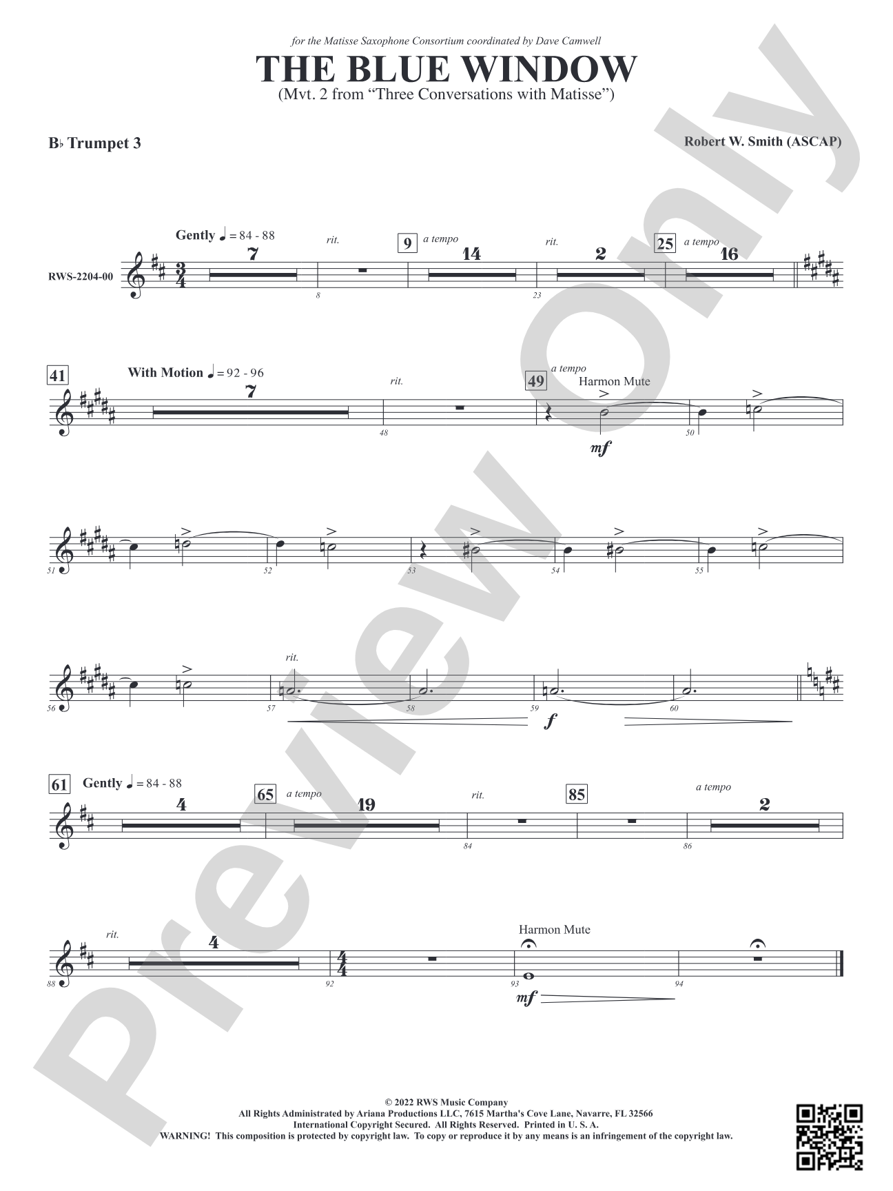 The Blue Window - Mvt. 2 from <i>Three Conversations with Matisse</i>: 3rd B-flat Trumpet