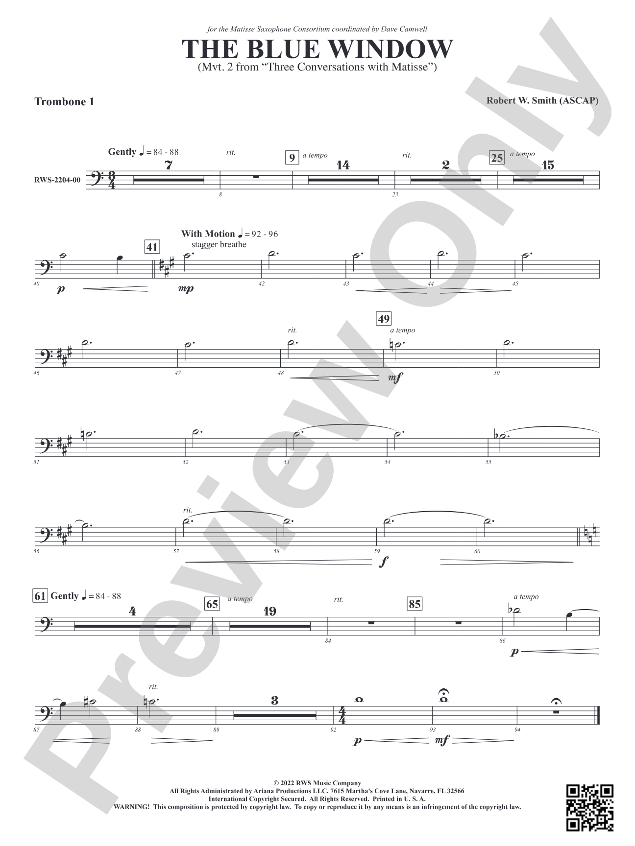 The Blue Window - Mvt. 2 from <i>Three Conversations with Matisse</i>: 1st Trombone