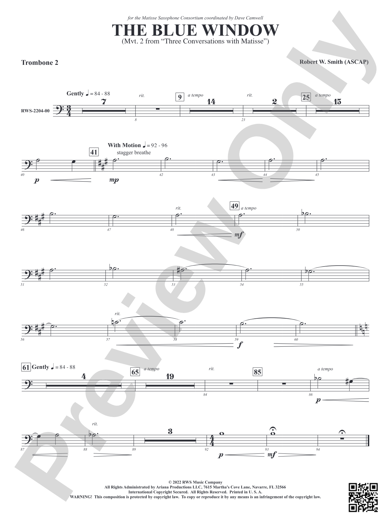 The Blue Window - Mvt. 2 from <i>Three Conversations with Matisse</i>: 2nd Trombone
