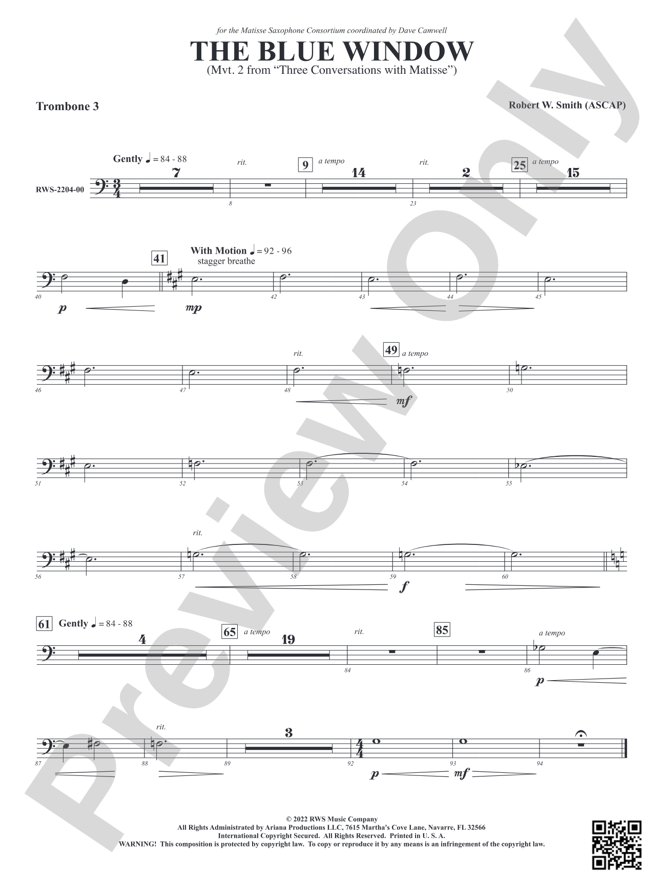 The Blue Window - Mvt. 2 from <i>Three Conversations with Matisse</i>: 3rd Trombone
