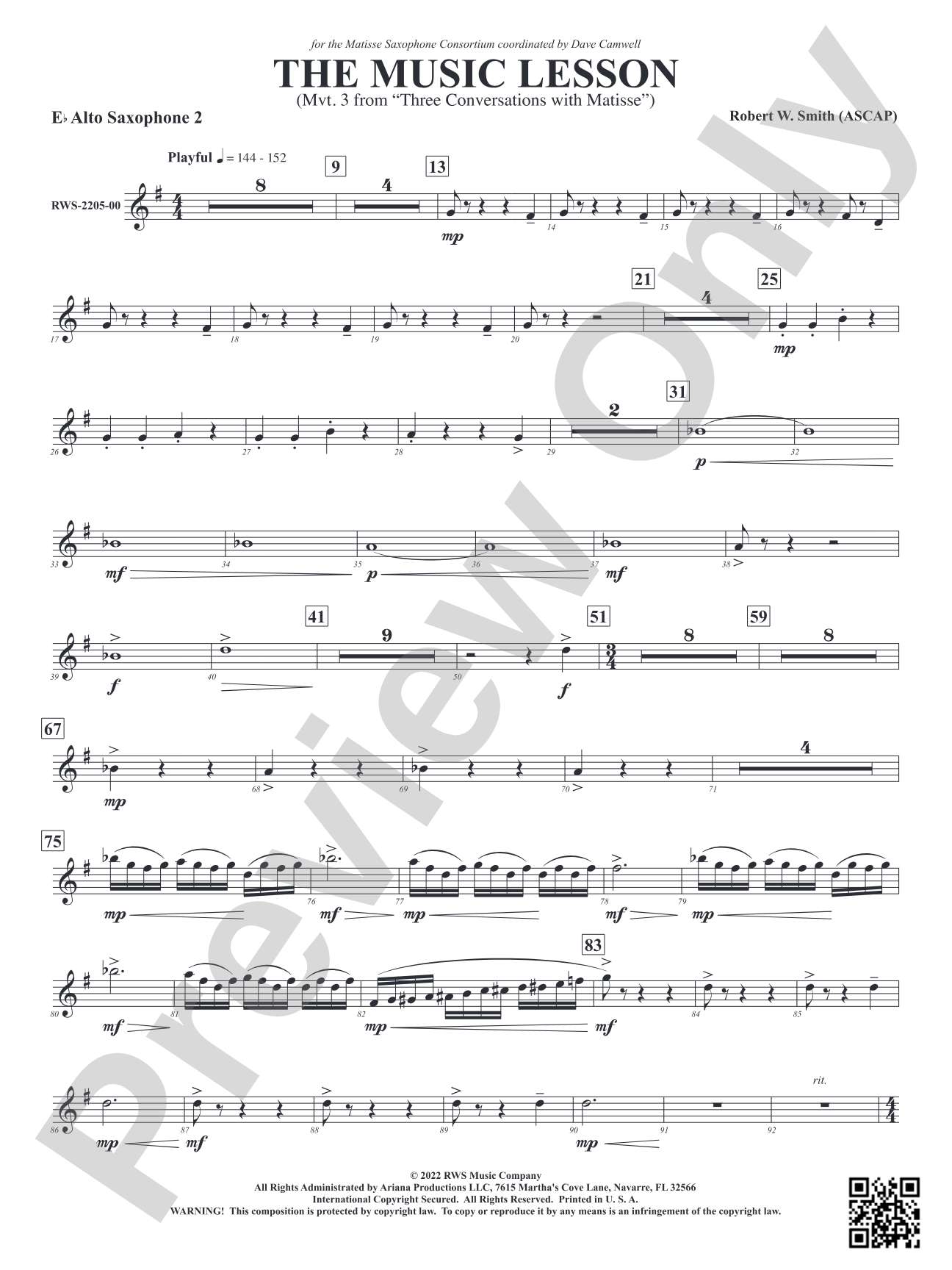 The Music Lesson - Mvt. 3 from <i>Three Conversations with Matisse</i>: 2nd E-flat Alto Saxophone