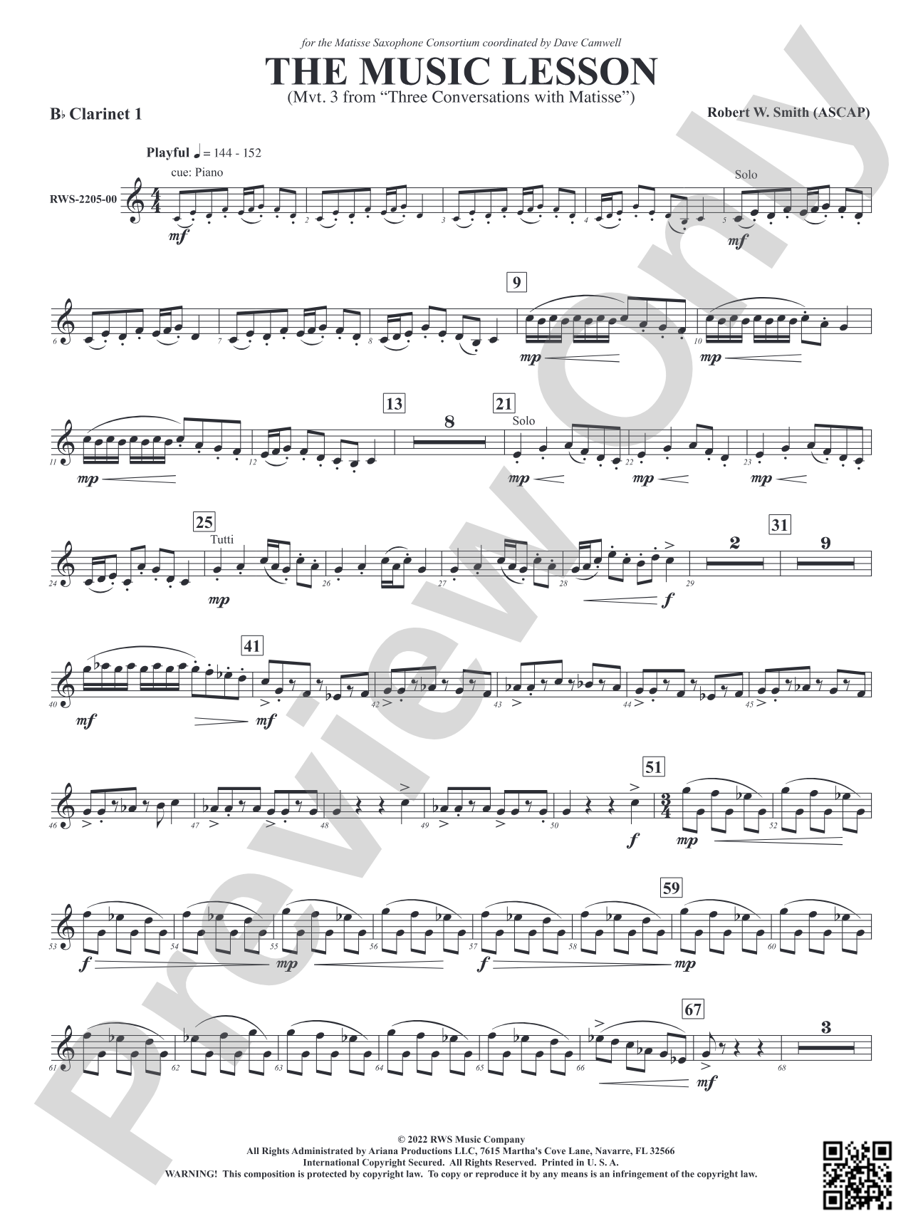 The Music Lesson - Mvt. 3 from <i>Three Conversations with Matisse</i>: 1st B-flat Clarinet