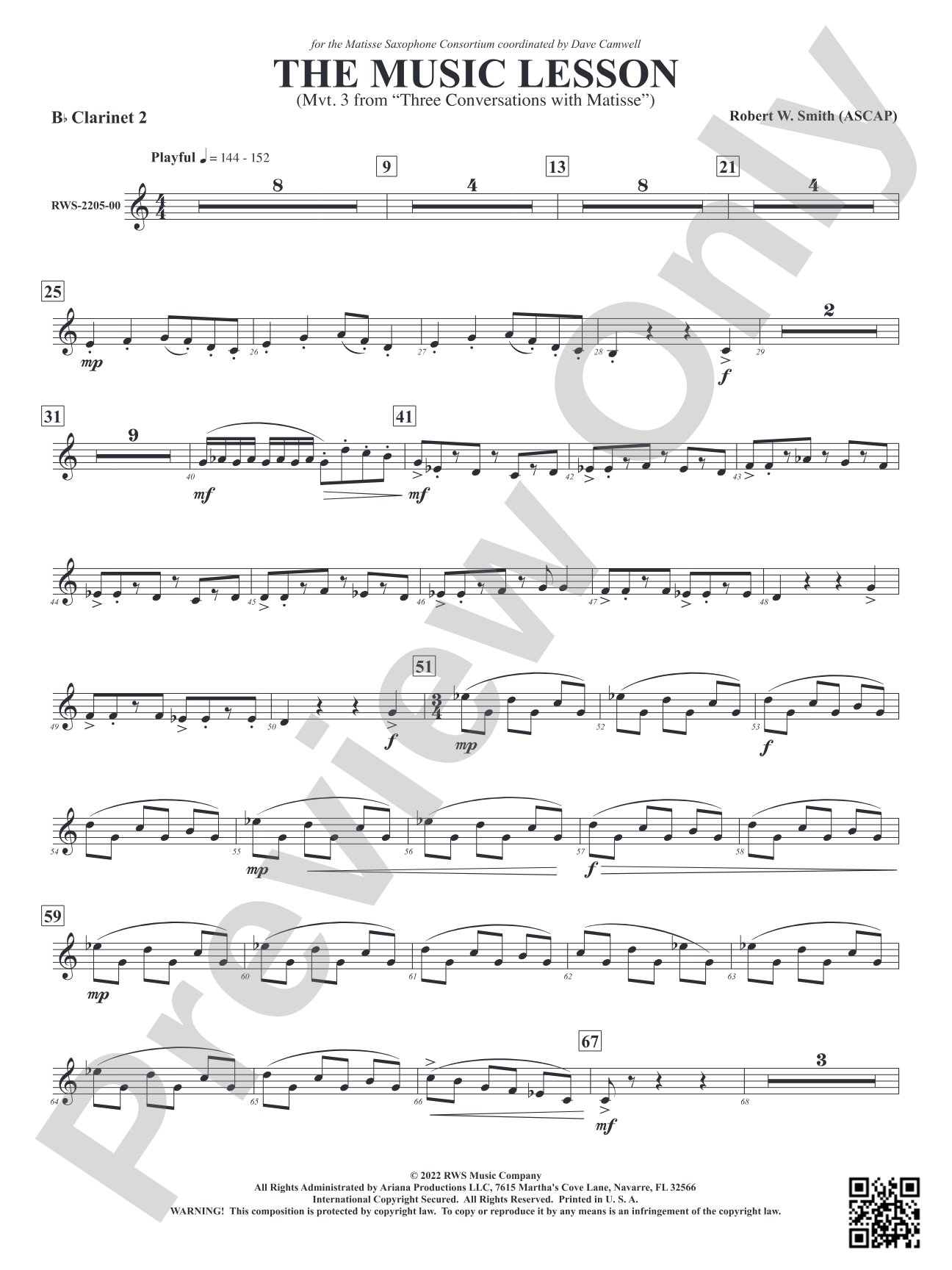 The Music Lesson - Mvt. 3 from <i>Three Conversations with Matisse</i>: 2nd B-flat Clarinet