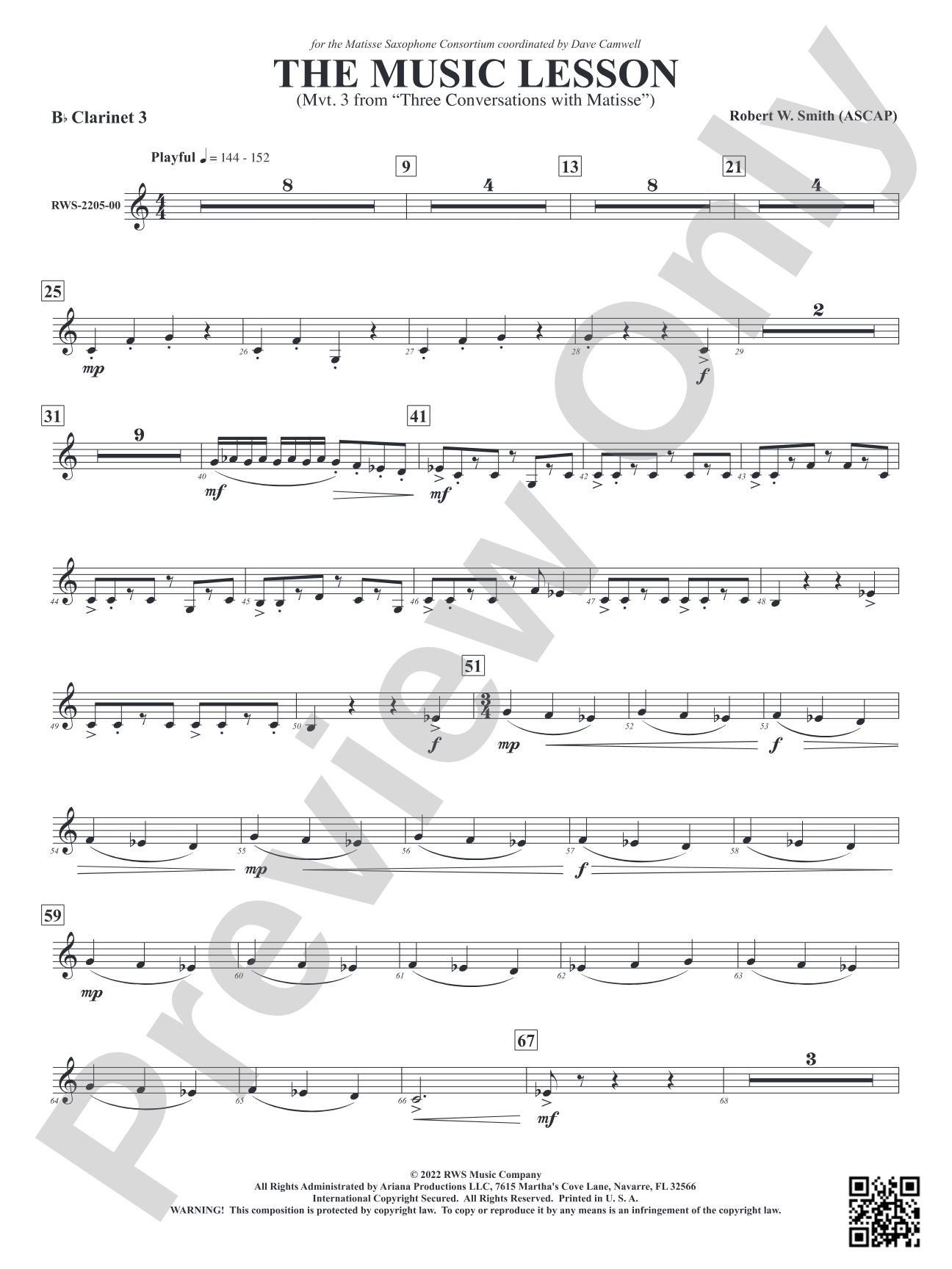 The Music Lesson - Mvt. 3 from <i>Three Conversations with Matisse</i>: 3rd B-flat Clarinet