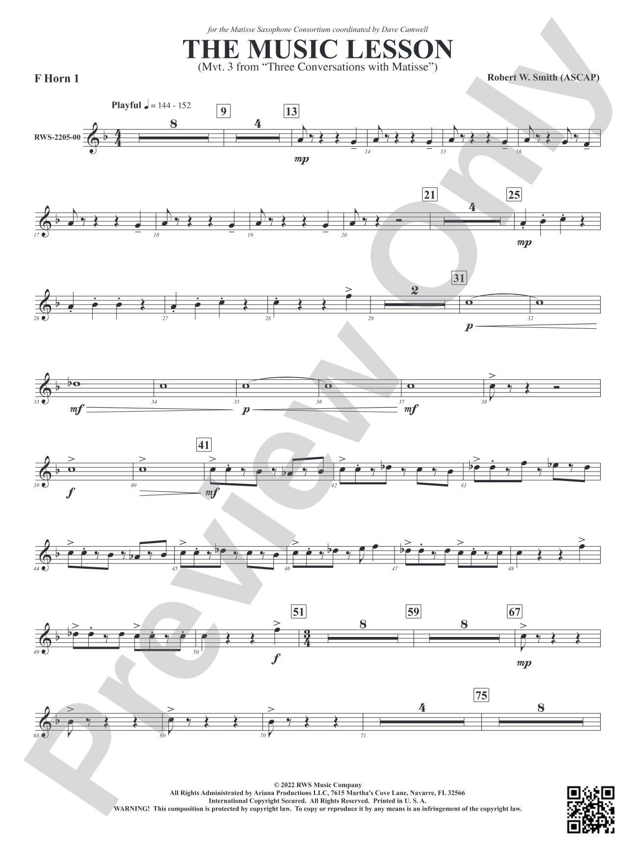 The Music Lesson - Mvt. 3 from <i>Three Conversations with Matisse</i>: 1st F Horn
