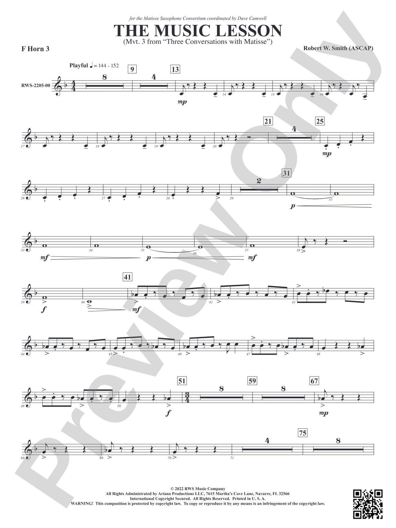 The Music Lesson - Mvt. 3 from <i>Three Conversations with Matisse</i>: 3rd F Horn
