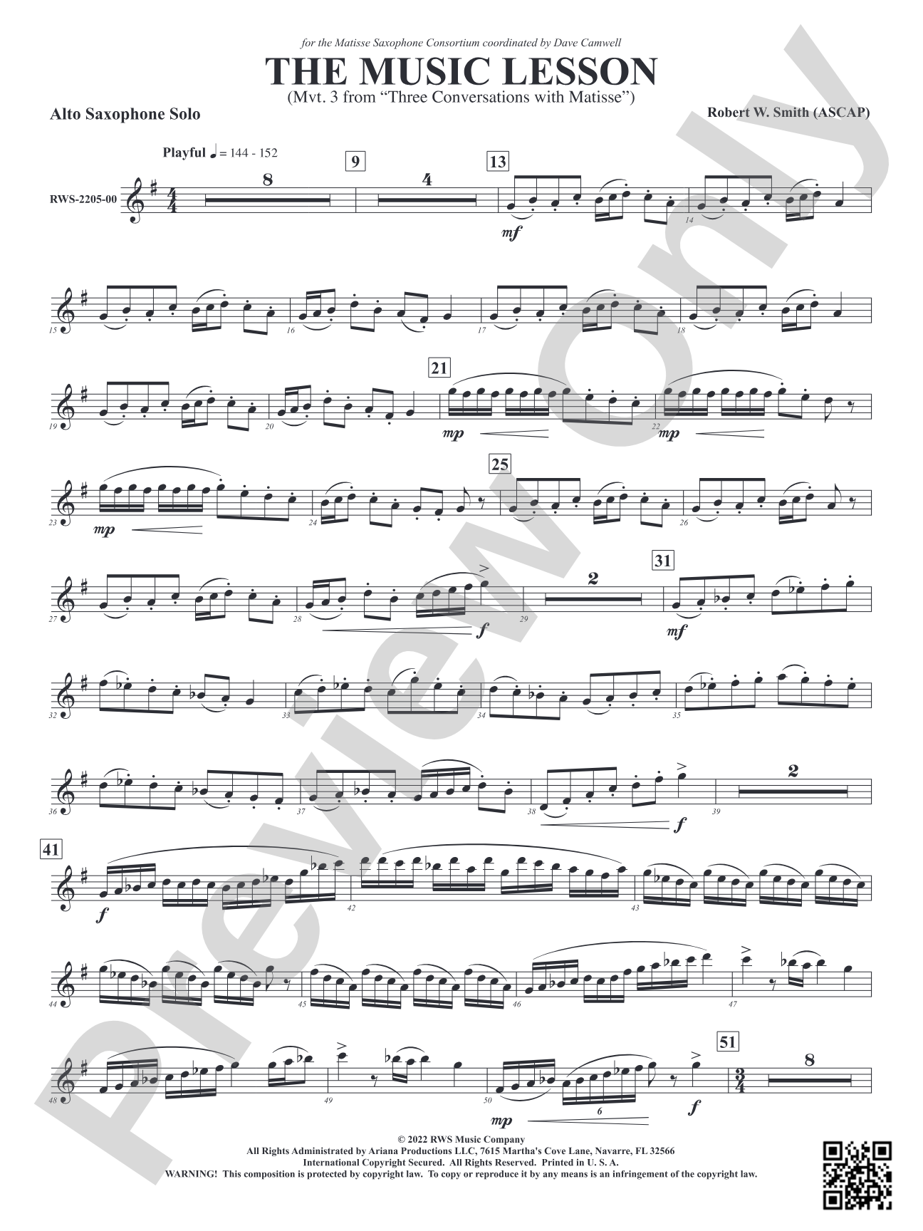 The Music Lesson - Mvt. 3 from <i>Three Conversations with Matisse</i>: E-flat Alto Saxophone Solo