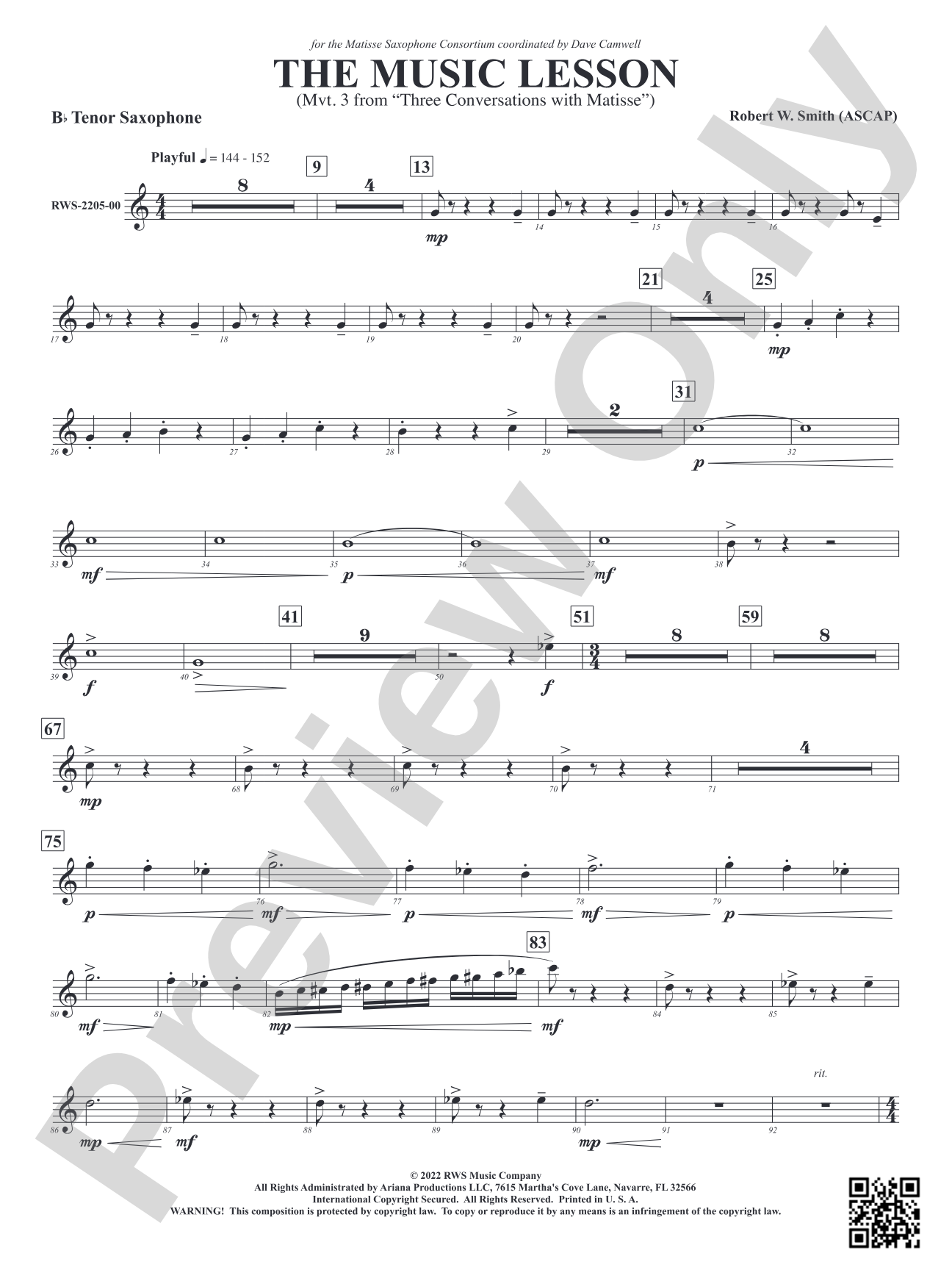 The Music Lesson - Mvt. 3 from <i>Three Conversations with Matisse</i>: B-flat Tenor Saxophone