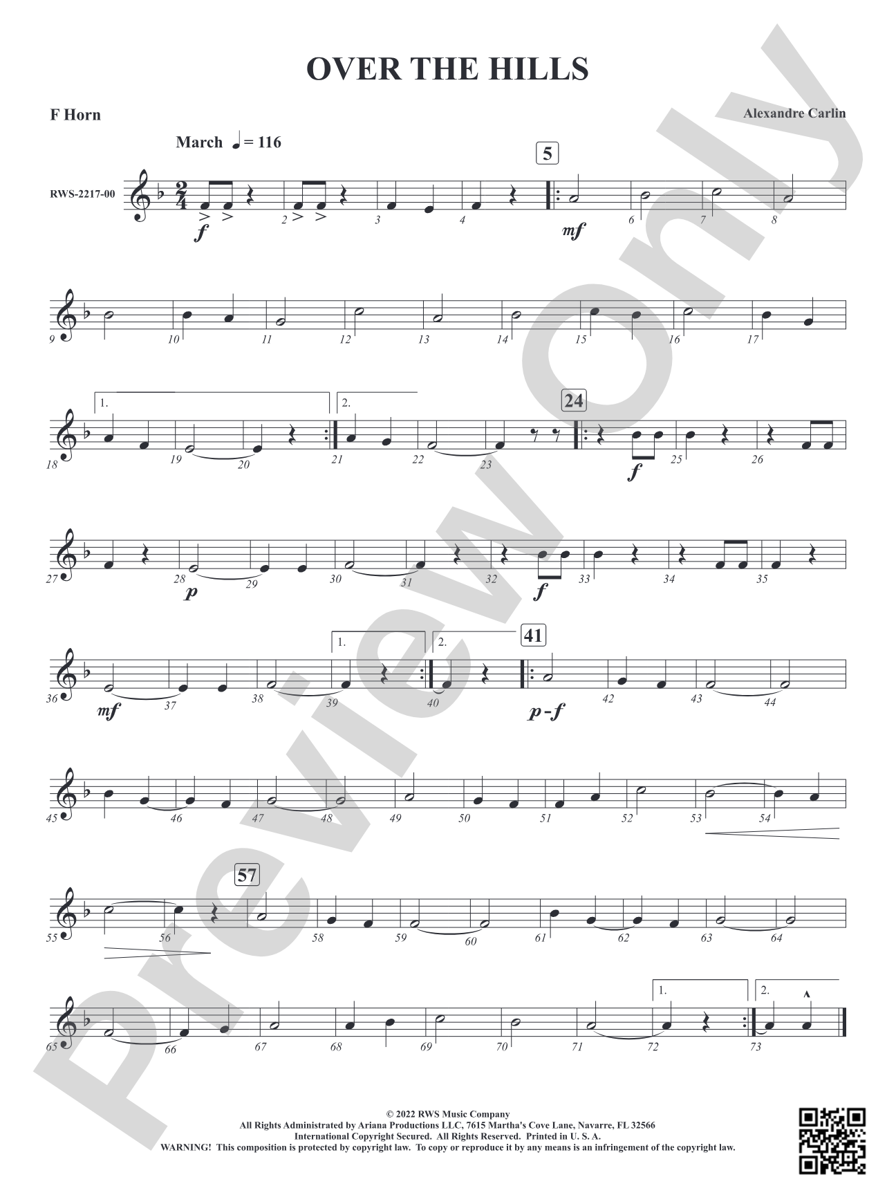 Over The Hills: 1st F Horn