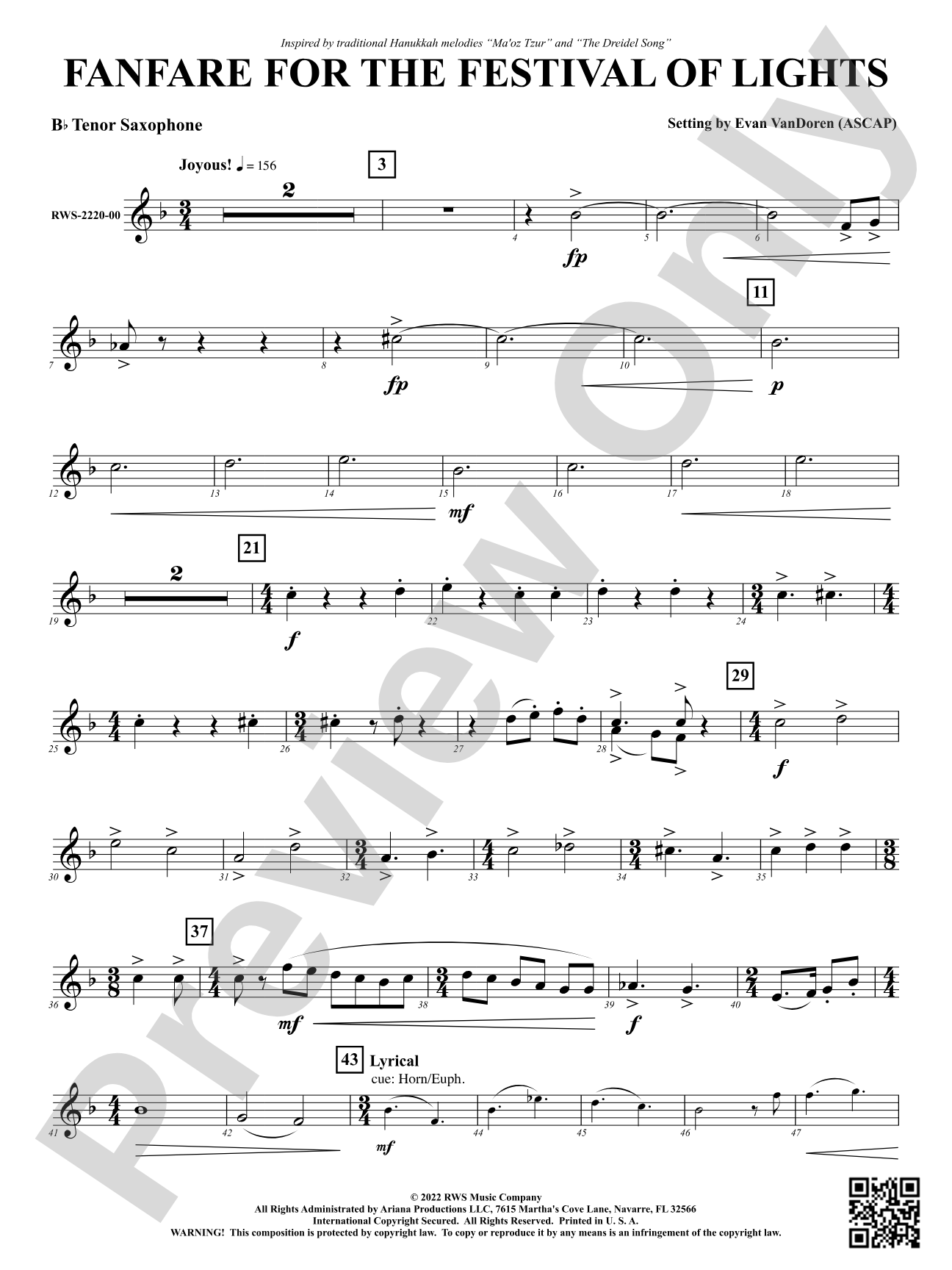 Fanfare for the Festival of Lights: B-flat Tenor Saxophone