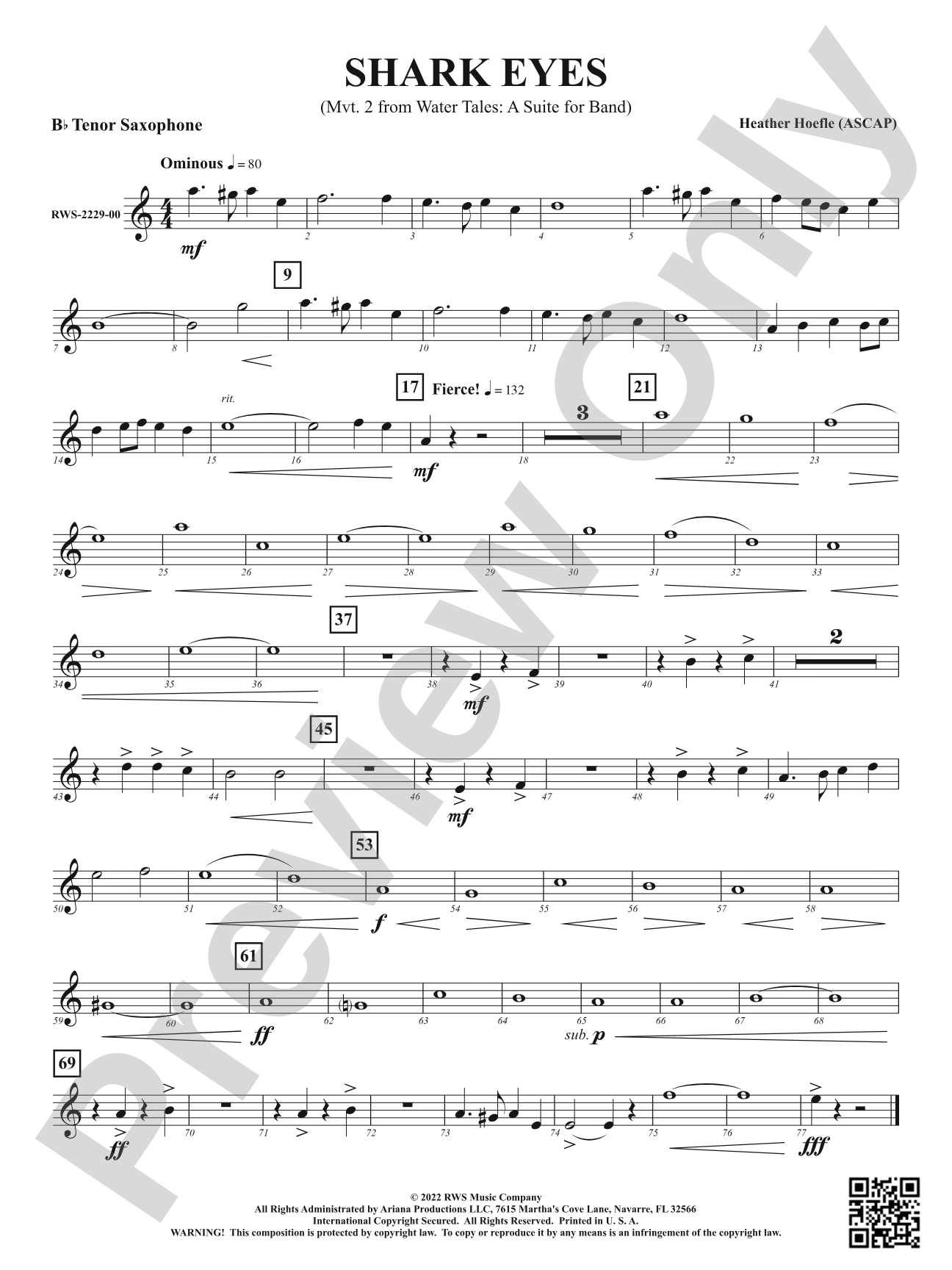 Shark Eyes - Mvt. 2 from <i>Water Tales: A Suite for Band</i>: B-flat Tenor Saxophone