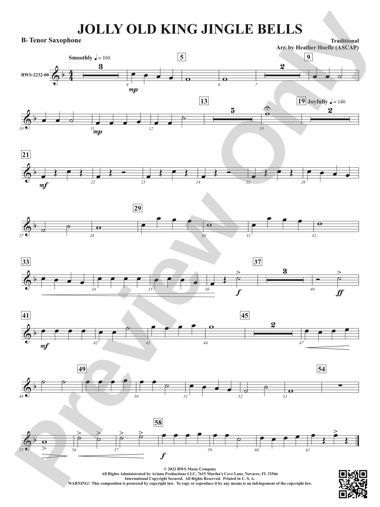 Jolly Old King Jingle Bells: B-flat Tenor Saxophone