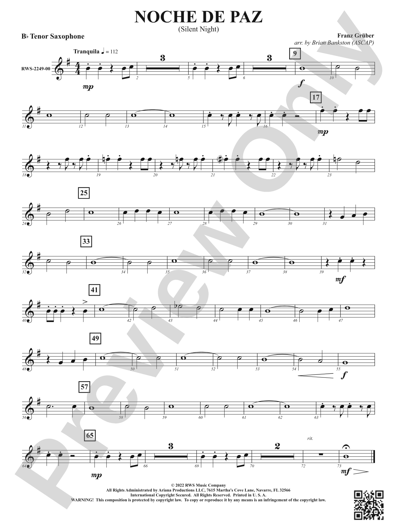 Noche de Paz - Silent Night: B-flat Tenor Saxophone