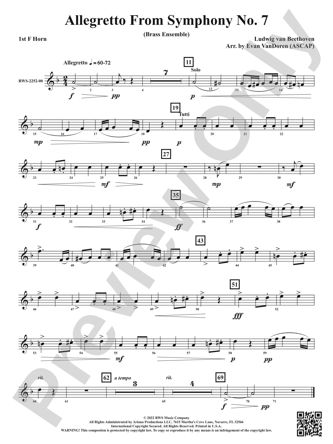 Allegretto from <i>Symphony No. 7</i> - Brass Ensemble: 1st F Horn