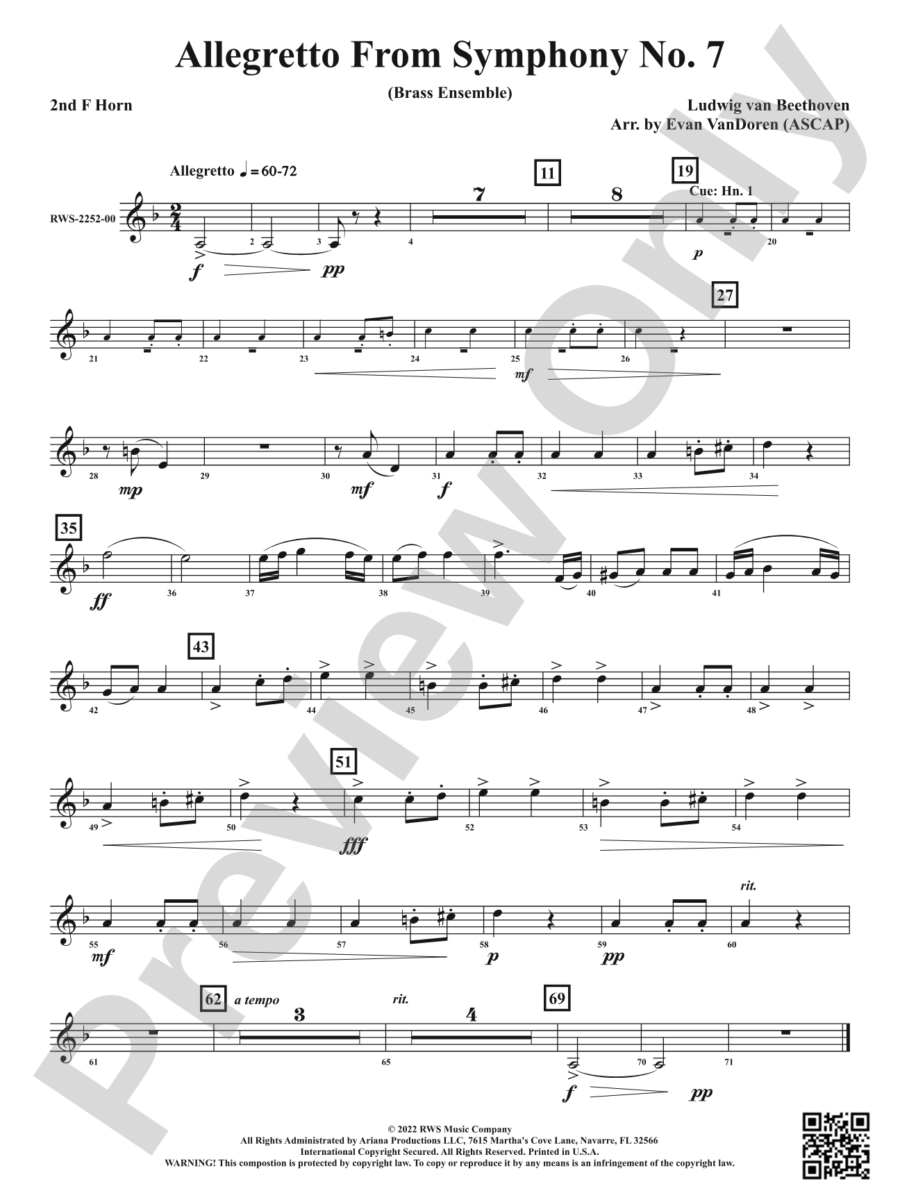 Allegretto from <i>Symphony No. 7</i> - Brass Ensemble: 2nd F Horn