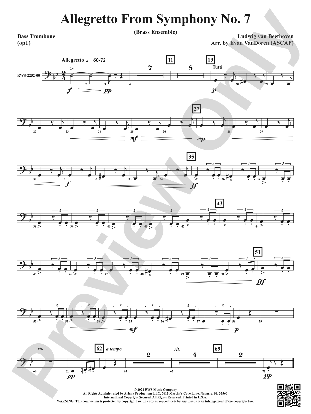 Allegretto from <i>Symphony No. 7</i> - Brass Ensemble: Optional Bass Trombone