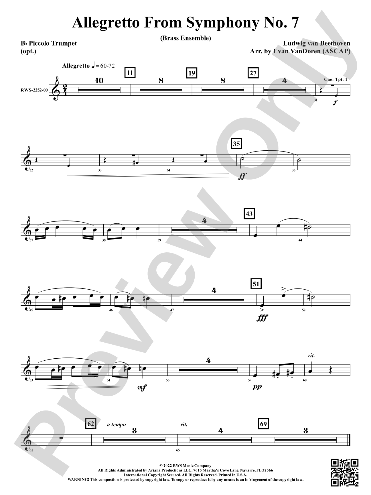 Allegretto from <i>Symphony No. 7</i> - Brass Ensemble: Optional B-flat Piccolo Trumpet