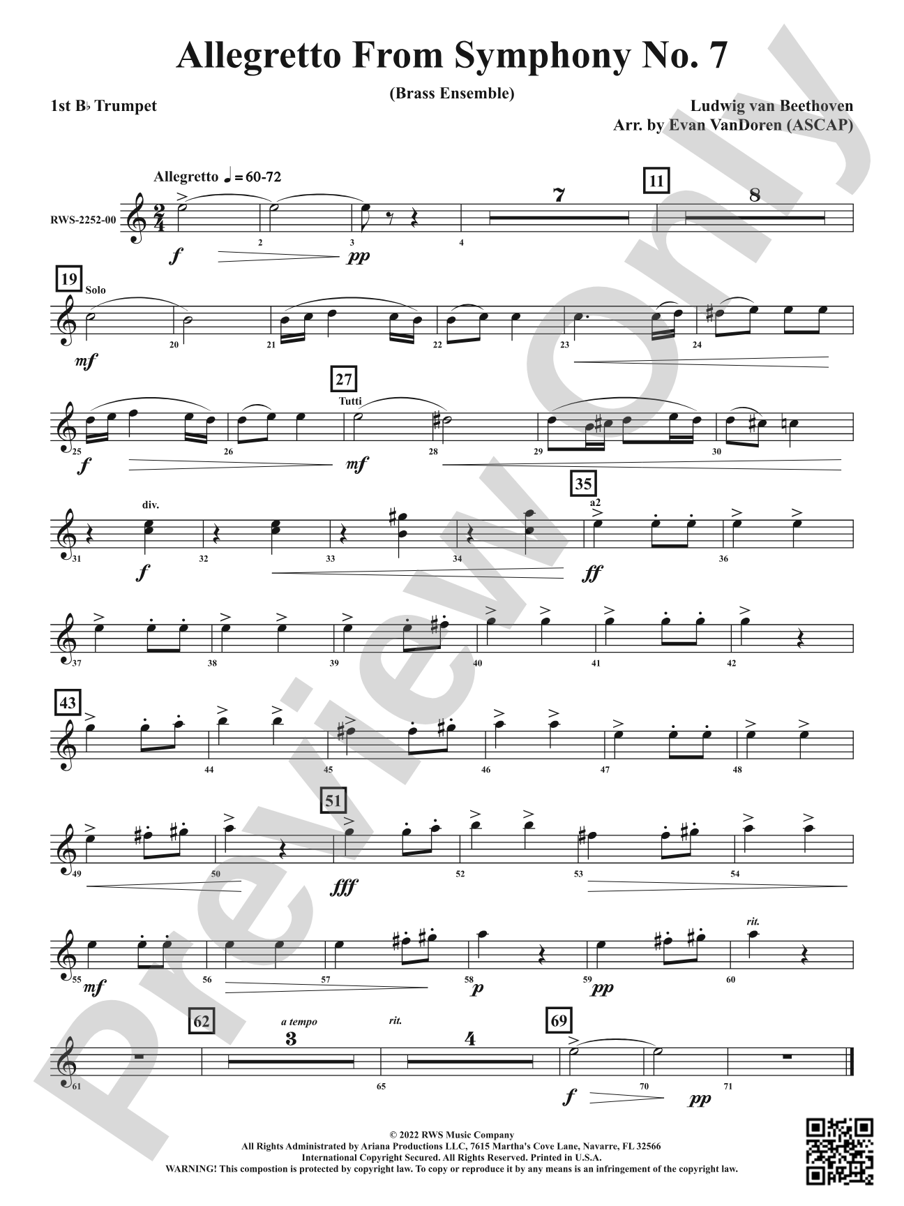 Allegretto from <i>Symphony No. 7</i> - Brass Ensemble: 1st B-flat Trumpet