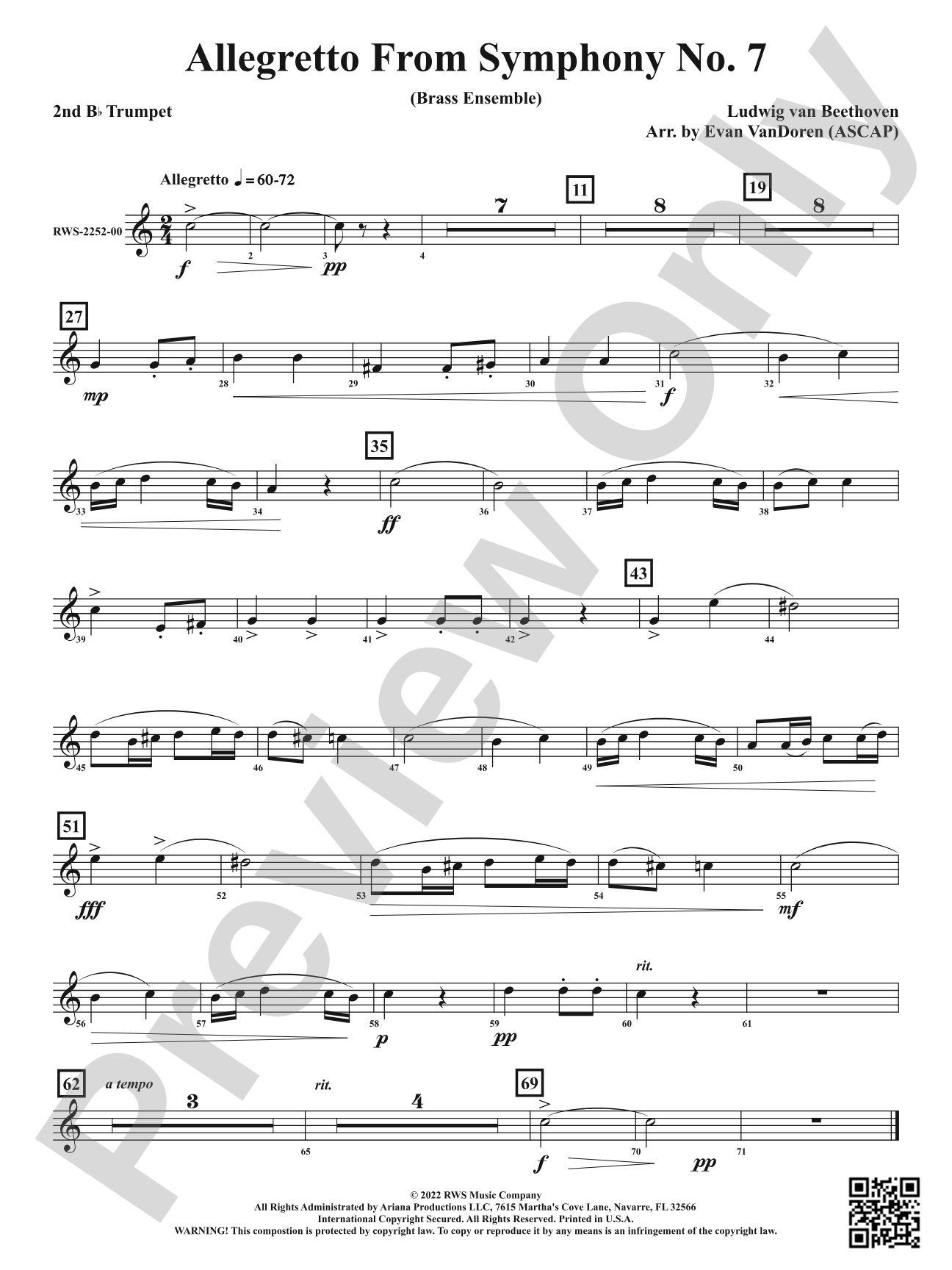 Allegretto from <i>Symphony No. 7</i> - Brass Ensemble: 2nd B-flat Trumpet