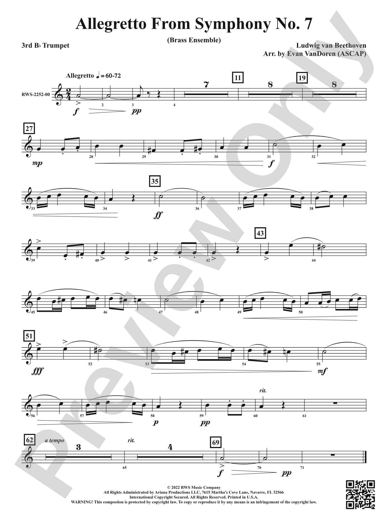 Allegretto from <i>Symphony No. 7</i> - Brass Ensemble: 3rd B-flat Trumpet