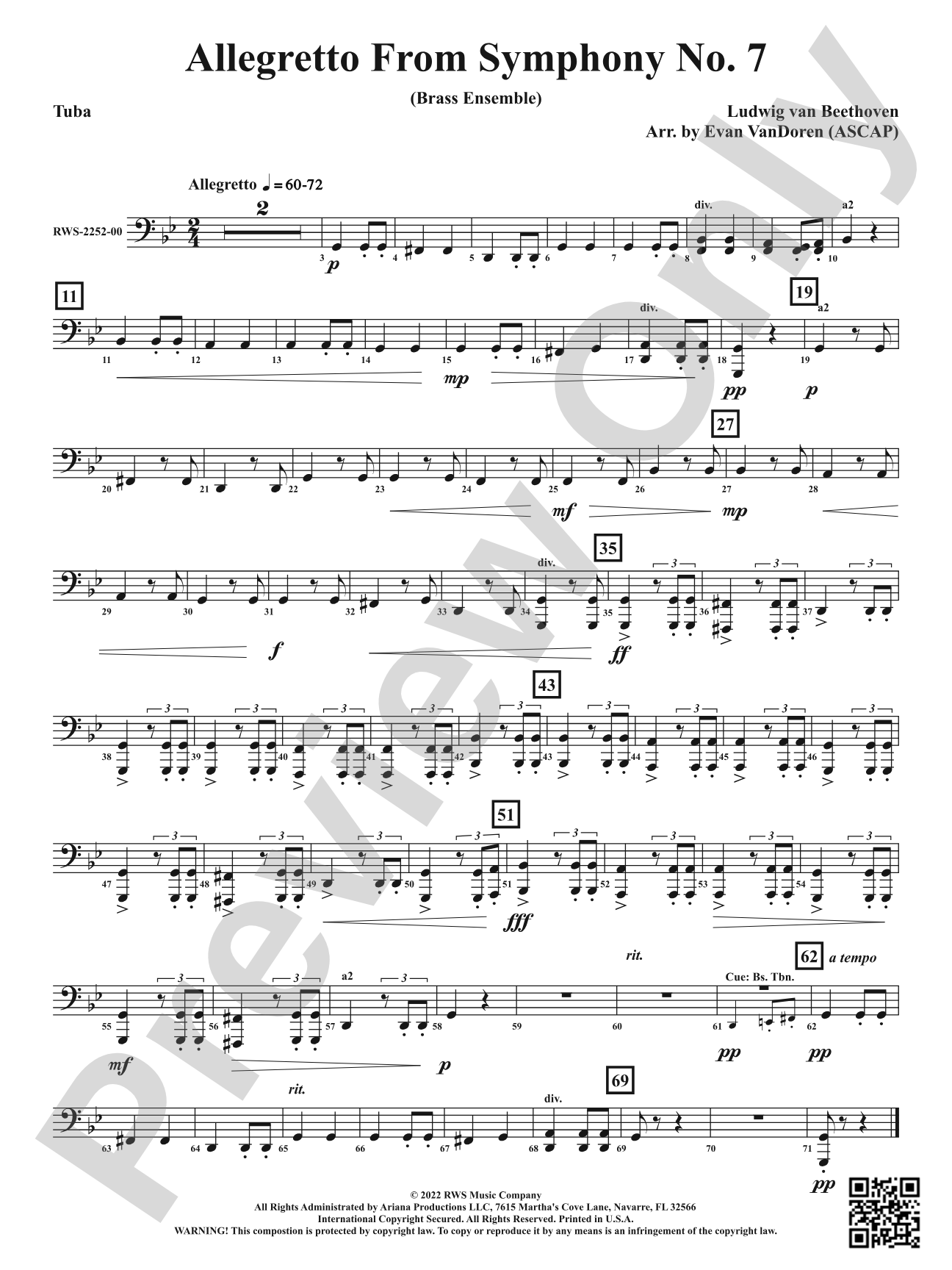 Allegretto from <i>Symphony No. 7</i> - Brass Ensemble: Tuba