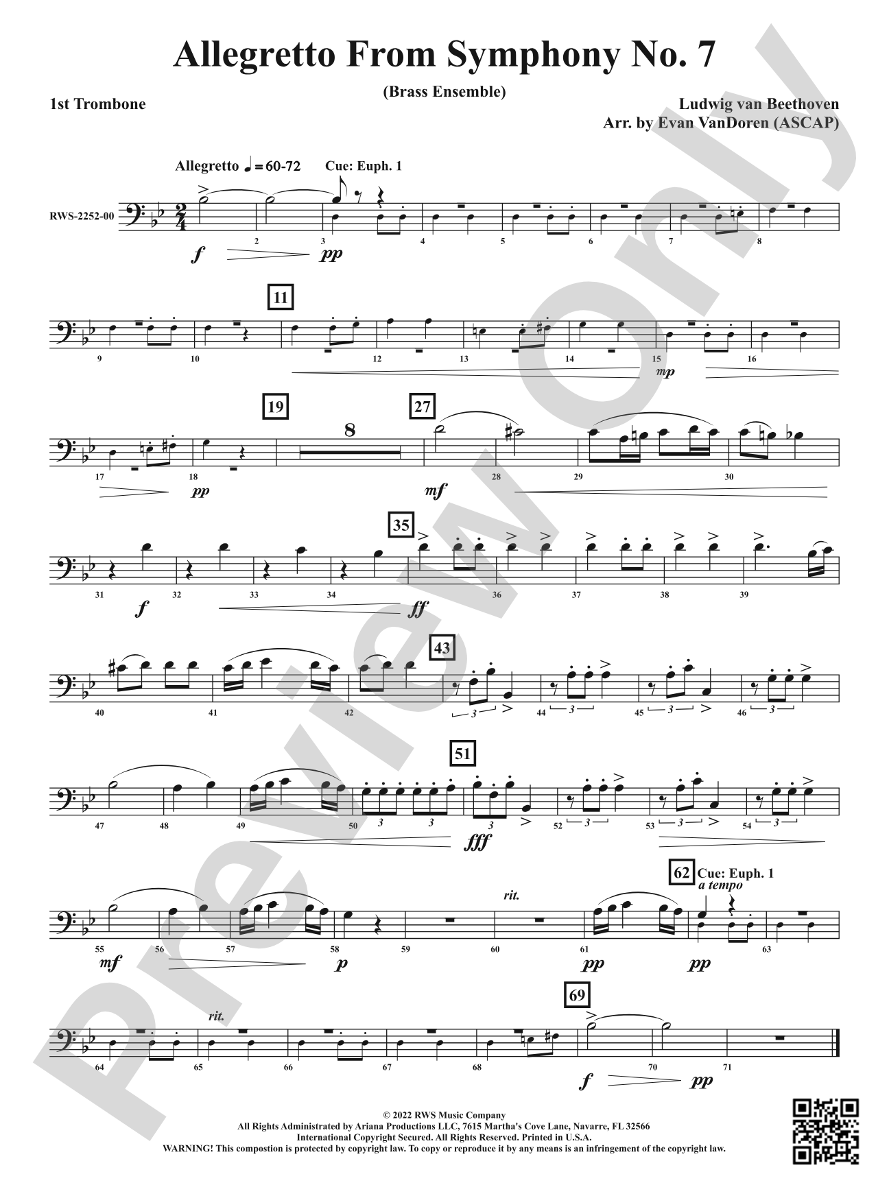 Allegretto from <i>Symphony No. 7</i> - Brass Ensemble: 1st Trombone
