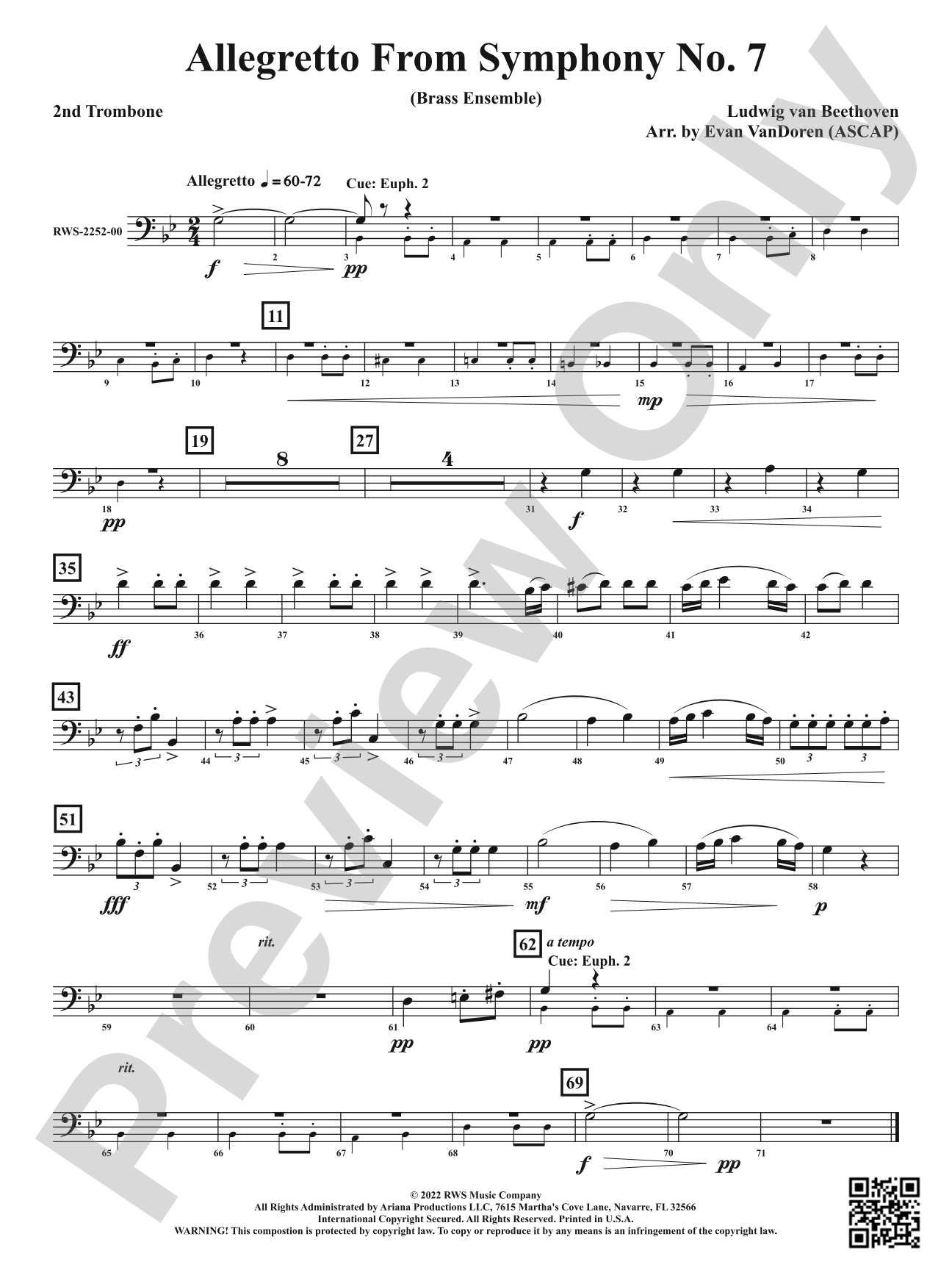 Allegretto from <i>Symphony No. 7</i> - Brass Ensemble: 2nd Trombone
