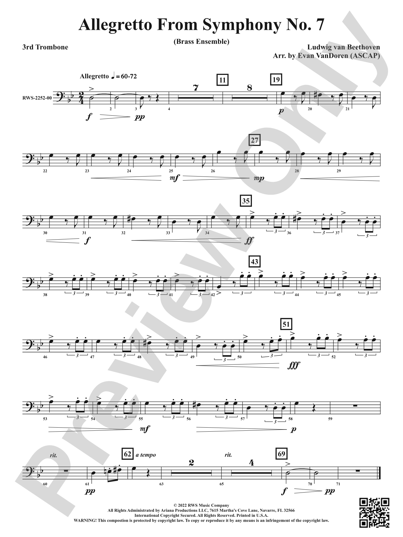 Allegretto from <i>Symphony No. 7</i> - Brass Ensemble: 3rd Trombone