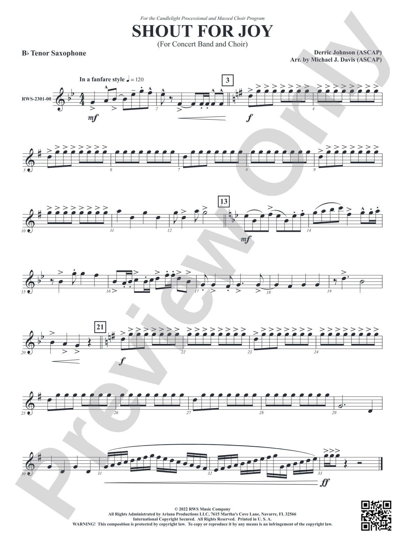 Shout for Joy - For Concert Band and Choir: B-flat Tenor Saxophone